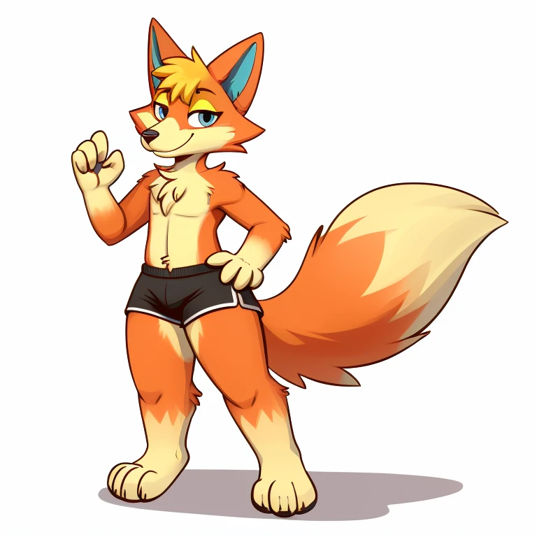 by daftpatriot, by softailfox, by honeymono, solo, male, mammal, anthro, canid, canine, fox, fur, simple background, male, smile, white background, featureless crotch, standing, feet, hi res, hands, 4 fingers, toes, dipstick tail, thick thighs, orange fur, looking at viewer, biped, tuft, wearing black shorts, blue irises, 3 toes, tail markings, markings, cheek tuft, facial tuft, chest tuft, black nose, fingers, white fur, white body, btets,