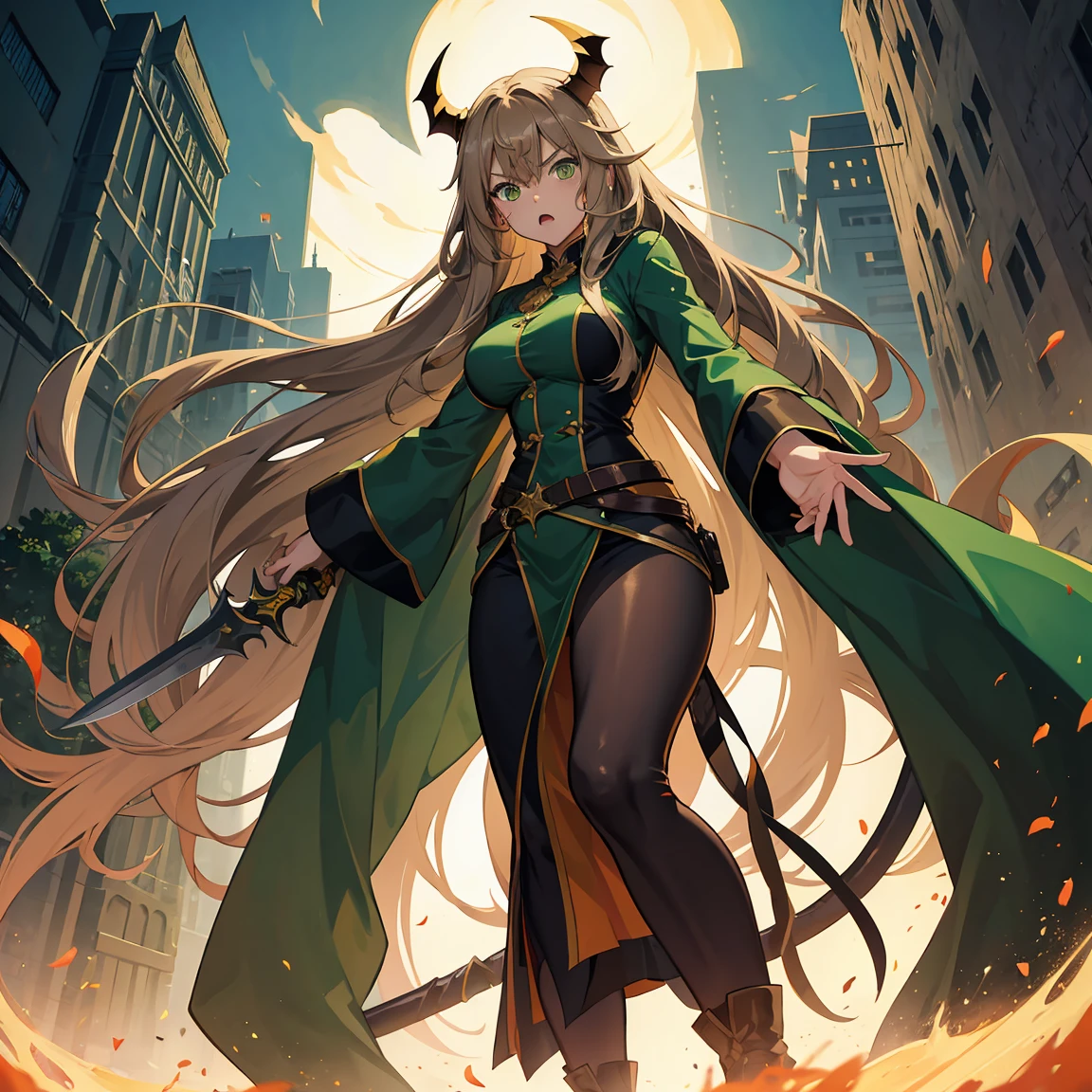 light brown hair,very long hair,straight hair,green eyes,large breasts,zombie,angry,curvy,tareme,darty green cape,demons sword,fighting pose,standding,demons aura,full body