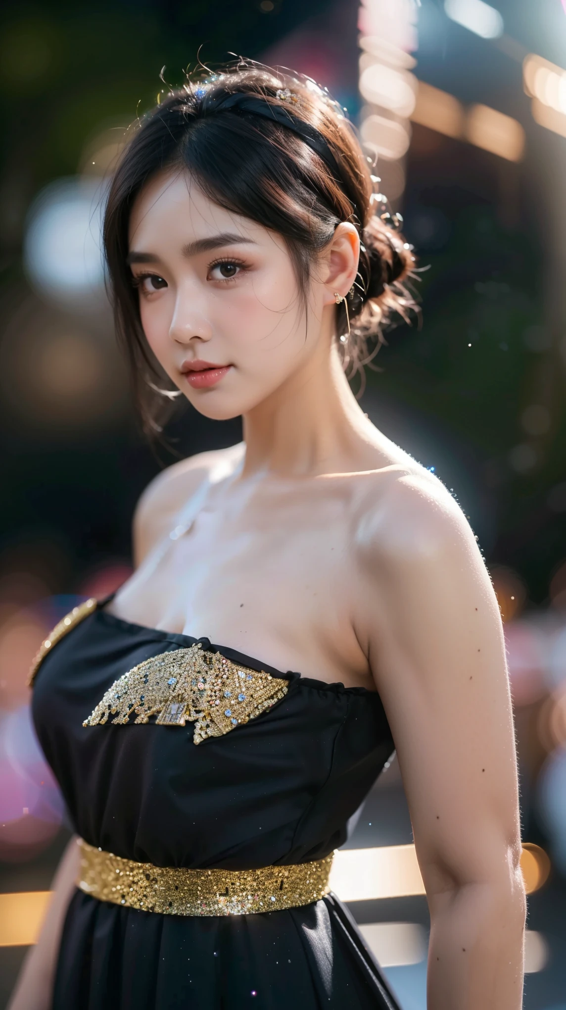 Perfect Beautiful Girl ,  , She is Indonesian , White Skin , Brown Eye , Large Colossal Breast , Black Dress , Glitter , 30 Years Old , Dinamic Girly Pose , Black Pink Short Hair , HDR , Extreme Detailed , Cute Headband , Look at Viewer , Highly Resolution , ((Bokeh:1.1)) , Outdoor