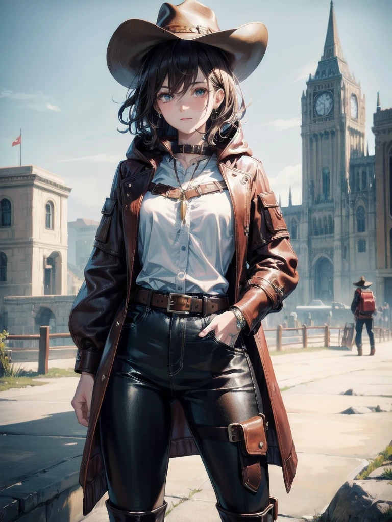 cool cowgirl, fantasy adventurer, cowboy hat, decorated hooded armor jacket, cross belt, Brown leather pants, Red leather long boots, absurdres, RAW photo, extremely delicate and beautiful, masterpiece, Best Quality, ultra high resolution, 32k, hyperrealistic, ultra-detailed, detailed description, pale skin, 20 years old, tearful mole, earring, short medium hair, wavy hair, whole body shot,