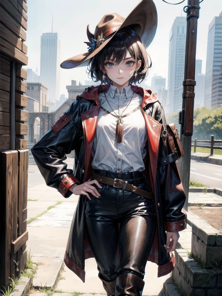 cool cowgirl, fantasy adventurer, cowboy hat, decorated hooded armor jacket, cross belt, Brown leather pants, Red leather long boots, absurdres, RAW photo, extremely delicate and beautiful, masterpiece, Best Quality, ultra high resolution, 32k, hyperrealistic, ultra-detailed, detailed description, pale skin, 20 years old, tearful mole, earring, short medium hair, wavy hair, whole body shot,