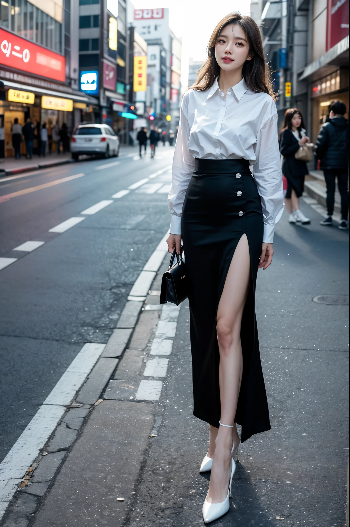 full body shot, standing posture, masterpiece, best quality, Original photo, absurd, UHD, 1 woman, wavy hair, Long grey brunette, Perfect fingers and slender legs, perfcect big smile, yak,look up at the viewer, (((Seoul Street))), intricate details:1.3 , 자세한 background:1.3, detailed skin, pore, high resolution, HDR, 아름다운 Model, soft light on the face, BAPV_Model, middle , split, ((white shirt_Black Narrow Skirt)), Black high heels, black pantyhose:1.3, hazy_light_background,