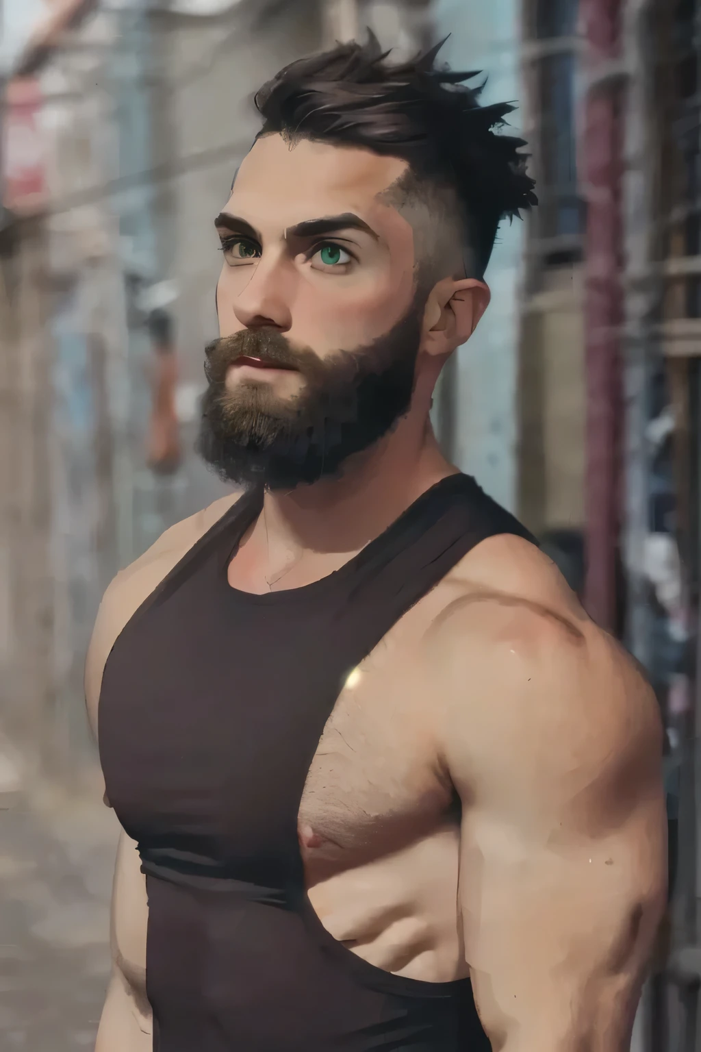 mid_shot, attractive bearded man, defined muscles, alley, ((orange black green)), (distracted), (atmosphere), coherent, continuity, epic, sharp lines, short hair,high contrast, hairy chest, sexy, brasilian, bulge, 3 colors, grey eyes