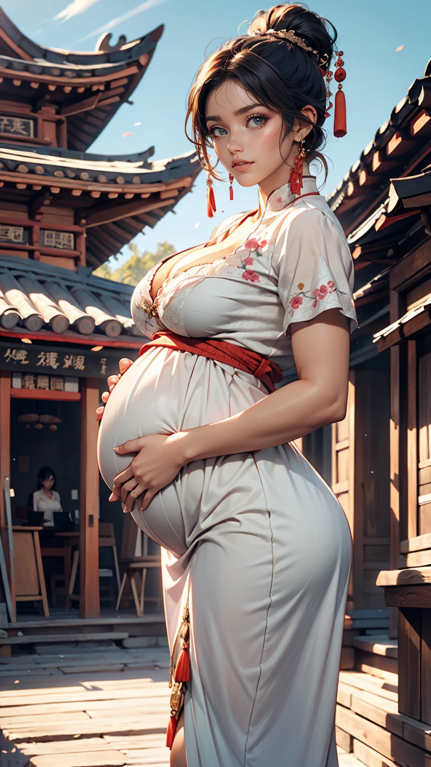 {{masterpiece, highest quality, Highly detailed CG, unity 8k wallpaper, Cinema Lighting}}, Traditional Chinese Ink Painting, One girl, whole body, Pregnant women、Big belly、ancient architecture, blue sky, sunny day, wooden building, Famous protagonists, smile, Big eyes, Beautiful fine details, (Big Breasts, Cleavage), Round ass, Looking at the audience, Long eyelashes,