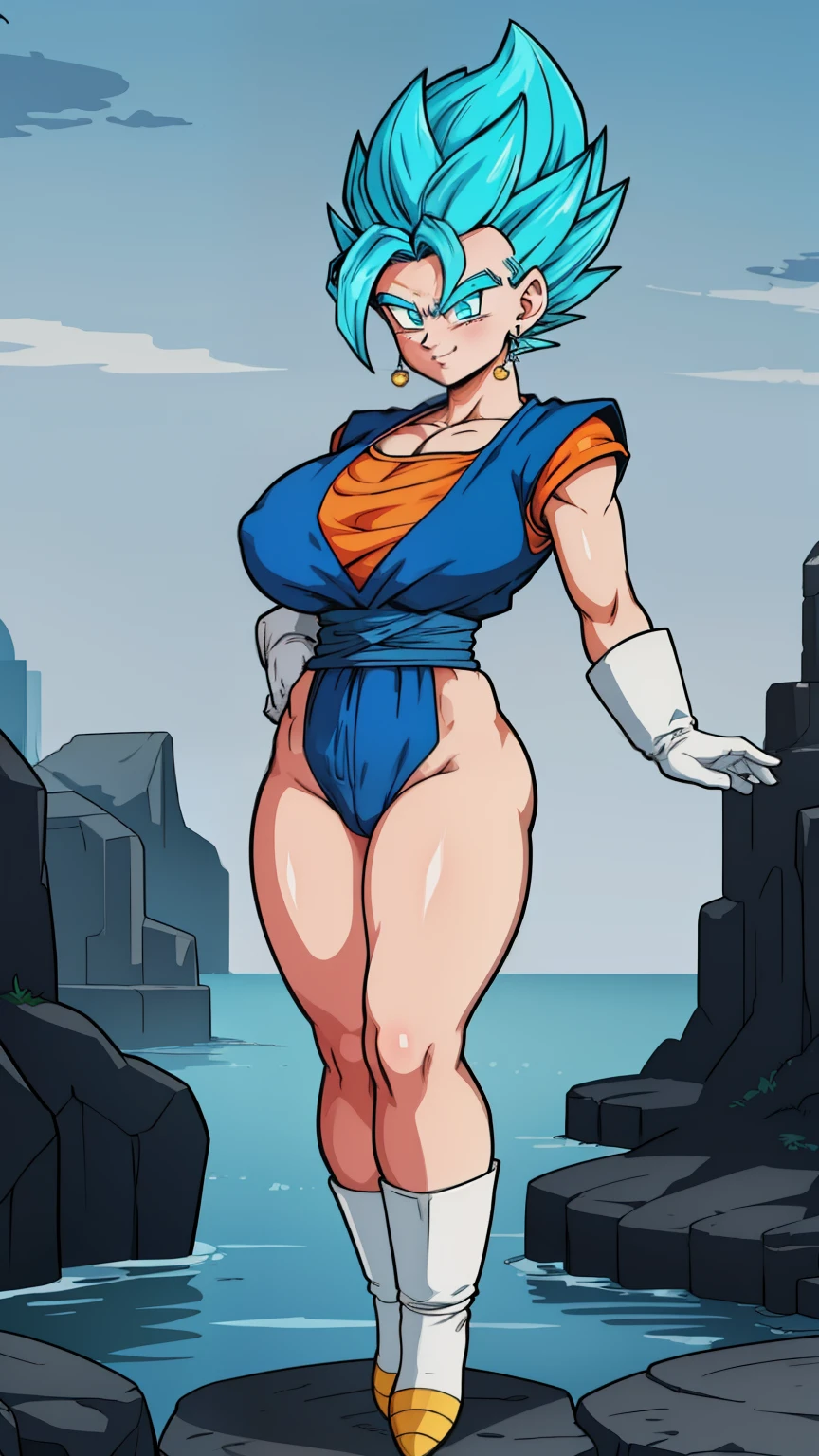 RAW photo, (high detailed skin, detailed eyes:1.1), intricate details, best quality, 8k uhd, soft lighting, Vegetto, breasts, (female:1.2), 1girl, earrings, jewelry, white gloves, full body naked, spiked hair, dougi, smile, blue hair, two bangs, blue eyes, super saiyan blue, godly blue aura, sexy, huge breasts, fully body naked, no clothes