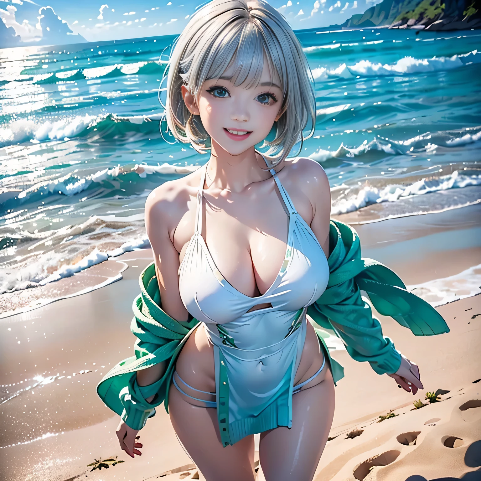 full body,high angle,from above,cleavage,♥(White elegant summer knit cardigan,sexy one piece swimsuit),((1girl,cute,young,pixie cut beautiful silver blonde hair,blunt bangs,beautiful green eyes)),(solo),((masterpiece, highest resolution,best quality)), ((realistic:1.5,Beautiful girl RAW photo)),(White figure skate costume), (looking at the viewer), innocent lovely laugh,cinematic lighting,beautiful emerald green beach, white sand,waves,clouds,blue sky