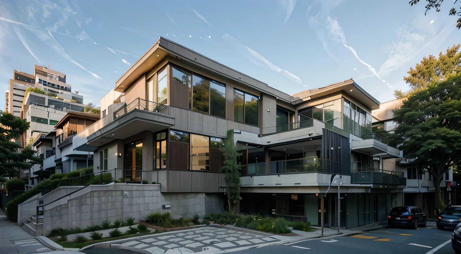 Exterior, morden house, dynamic light, curve linear, busy traffic, "The sidewalks have many trees", (car), ((wide sidewalk)), (background trees)