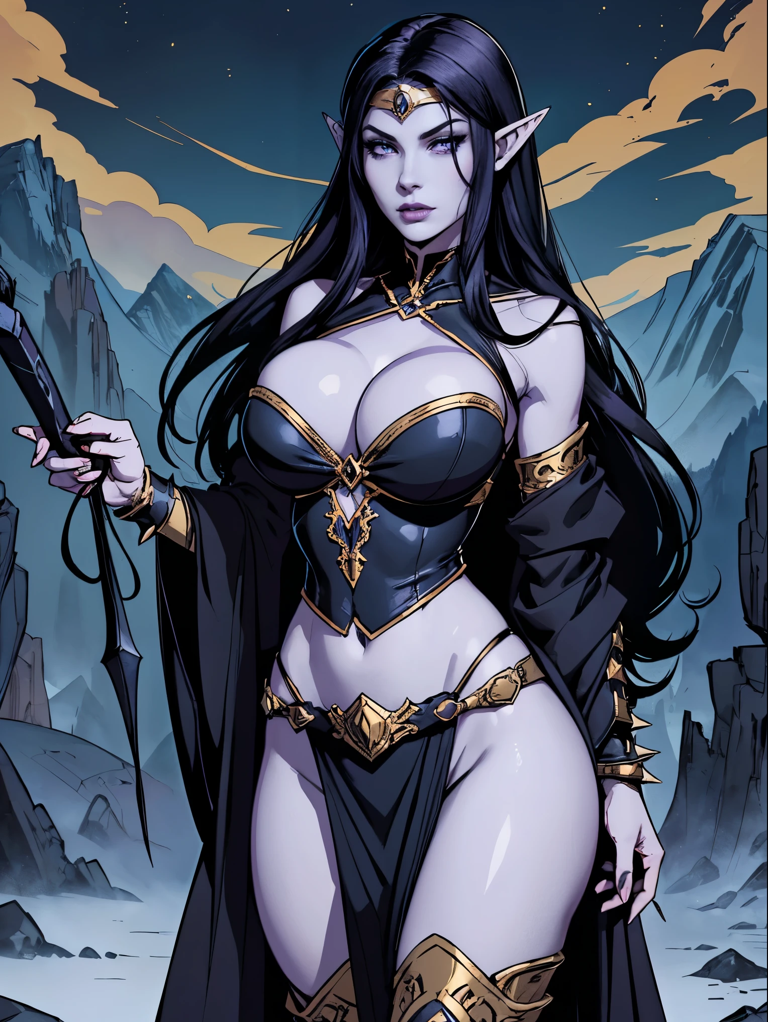 (masterpiece, top quality, best quality, official art, beautiful and aesthetic:1.2), (1girl:1.3), ((Sharp facial features, sharp features, hawkish features)), ((big hair, long elf ears, long black hair)), (((pale purple skin, pale blue skin, blue skin, purple skin))), big tiddy dark elf girl, extremely detailed, portrait, looking at viewer, solo, (full body:0.6), detailed background, full-body shot, (cold night mountain theme:1.1), dark elf war dancer, (spiky winged headdress), charlatan, smirk, mysterious, swaying in mountains, skimpy attire, revealing gladiatrix costume, ebony metal, gold filigree, gold bikini, circlet, metal bikini, long boots, dual knives, blood red fabric, pelvic curtain, loincloth, black leather, ((((gigantic breasts, cleavage, skindentation, long legs, pelvic curtain)))), cute belly button, toned tummy, slim waist, slim hips, long legs, medieval (mountain exterior:1.1) background, dark mysterious lighting, shadows, magical atmosphere, dutch angle