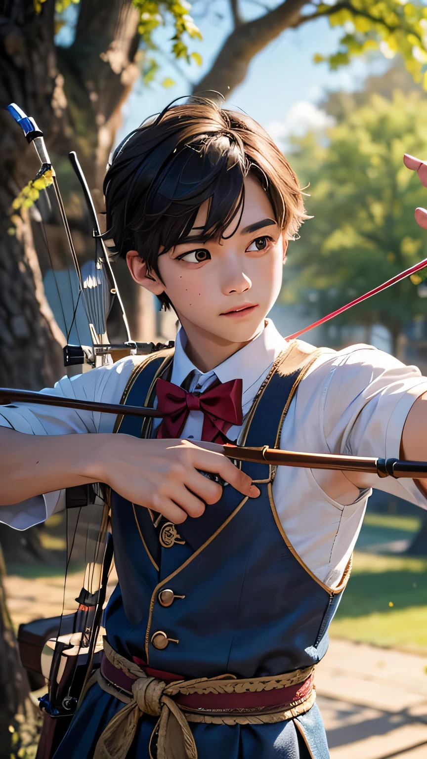 A boy from the archery club holding a bow