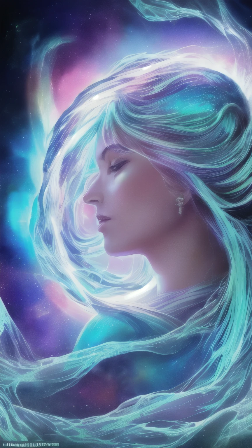 A goddess descends, a beautiful woman, a detailed face, vibrant and vivid, swirling, twirling, unimaginably spectacular, a scene of a female priest emerging from a shining cloud, a thread of nebula, like a cloud floating above the ocean. , cosmic entities, celestial bodies, universe, unrealistic, high contrast, symbolism, magical, mystical, mystical, surreal, supersaturated , colorfully, fluffy