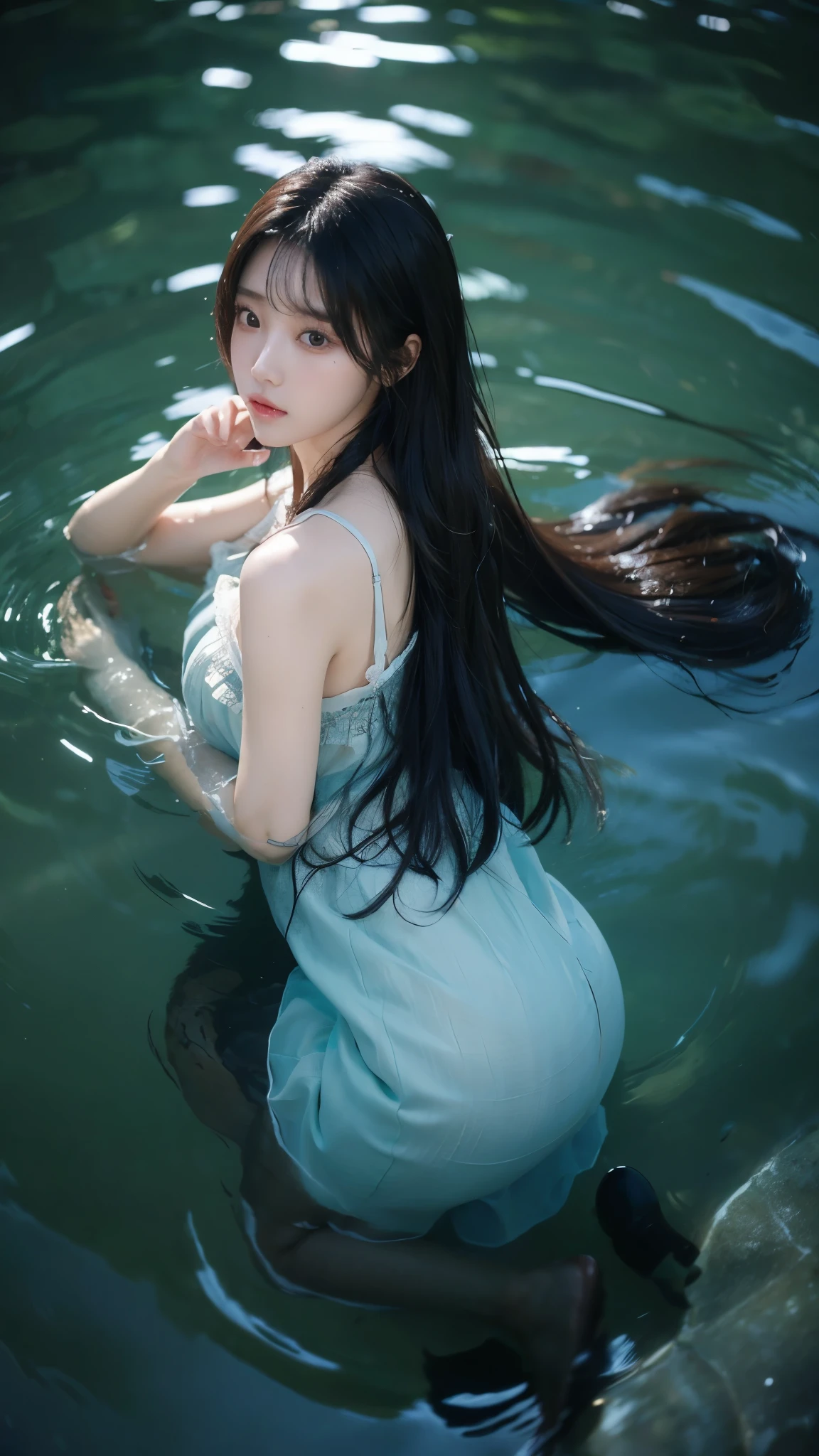 (ultra high definition, 8K, masterpiece: 1.3) ((long hair: 1.3)), Korean woman, depth of field, fish eye lens, highest detail, from above, dark night, (Immerse yourself in water), lay down, 렌즈방향은 from above 아래로, long dress, (lay down: 1.3), look into the distance, Han bok, in the forest, deep pond, Clean water, Dengue hair