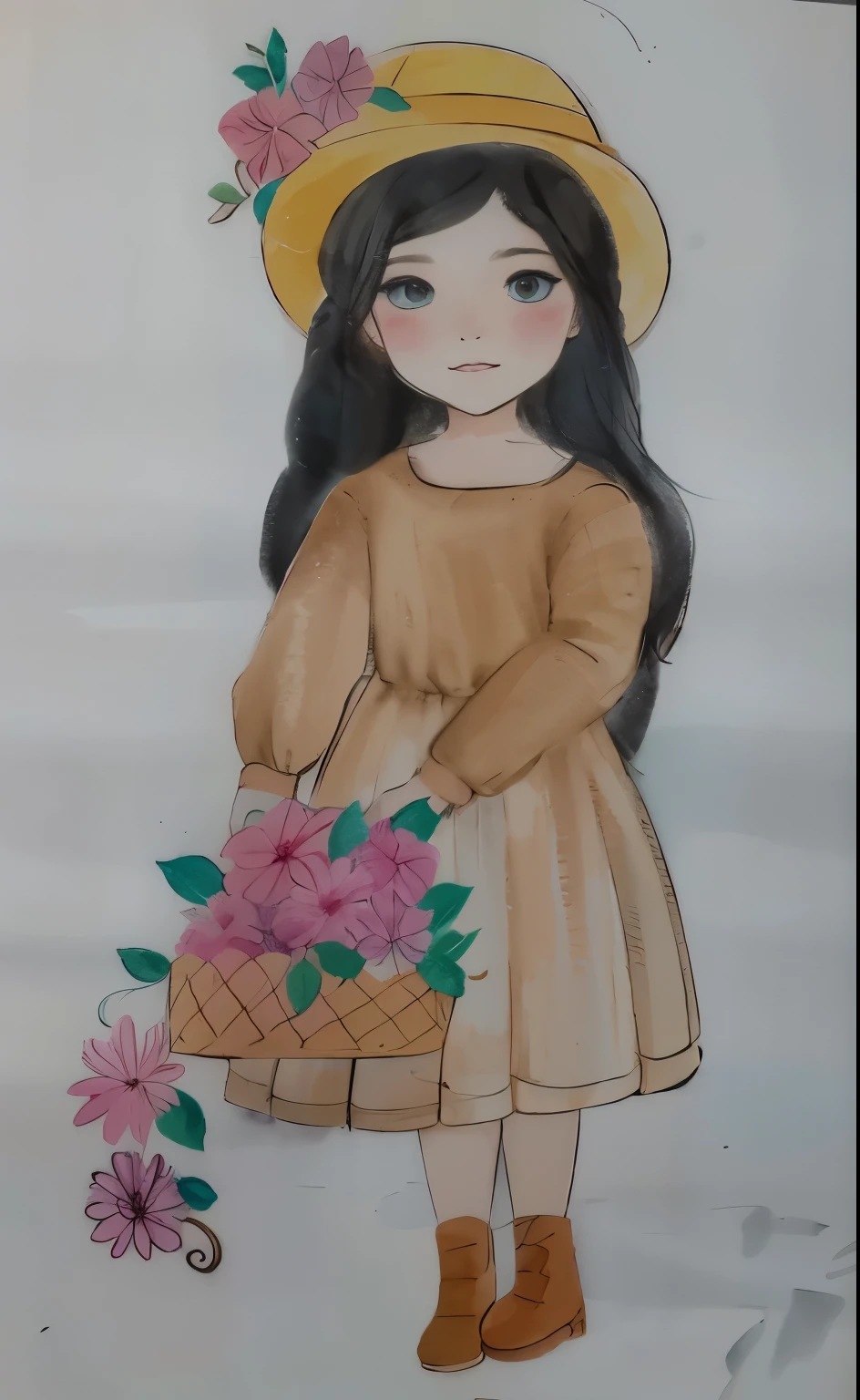 desenho de uma  com uma cesta de flores, com seus cabelos negros usando chapeu, watercolored, pastel artwork, colored sketch, colorized pencil sketch