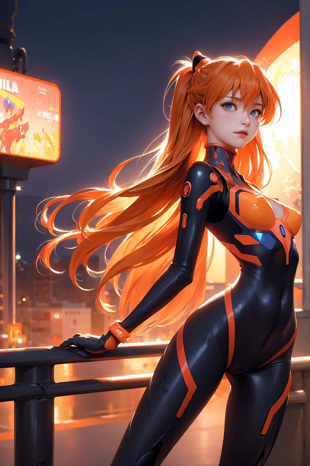 Super detailed、masterpiece、masterpiece,Top quality、Ultra-high resolution、8K、High level of image quality、1 Girl,Muneru Asuka Langley(Neon Genesis Evangelion),(Long orange hair:1.3,Double tail,Red hair band,blue eyes,Eye Reflection,Detailed depiction of face),(Full body combat suit(Neon Genesis Evangelion):1.3,Medium limit,long legs,real action),(city theme,Beautiful background),Cowboy lens