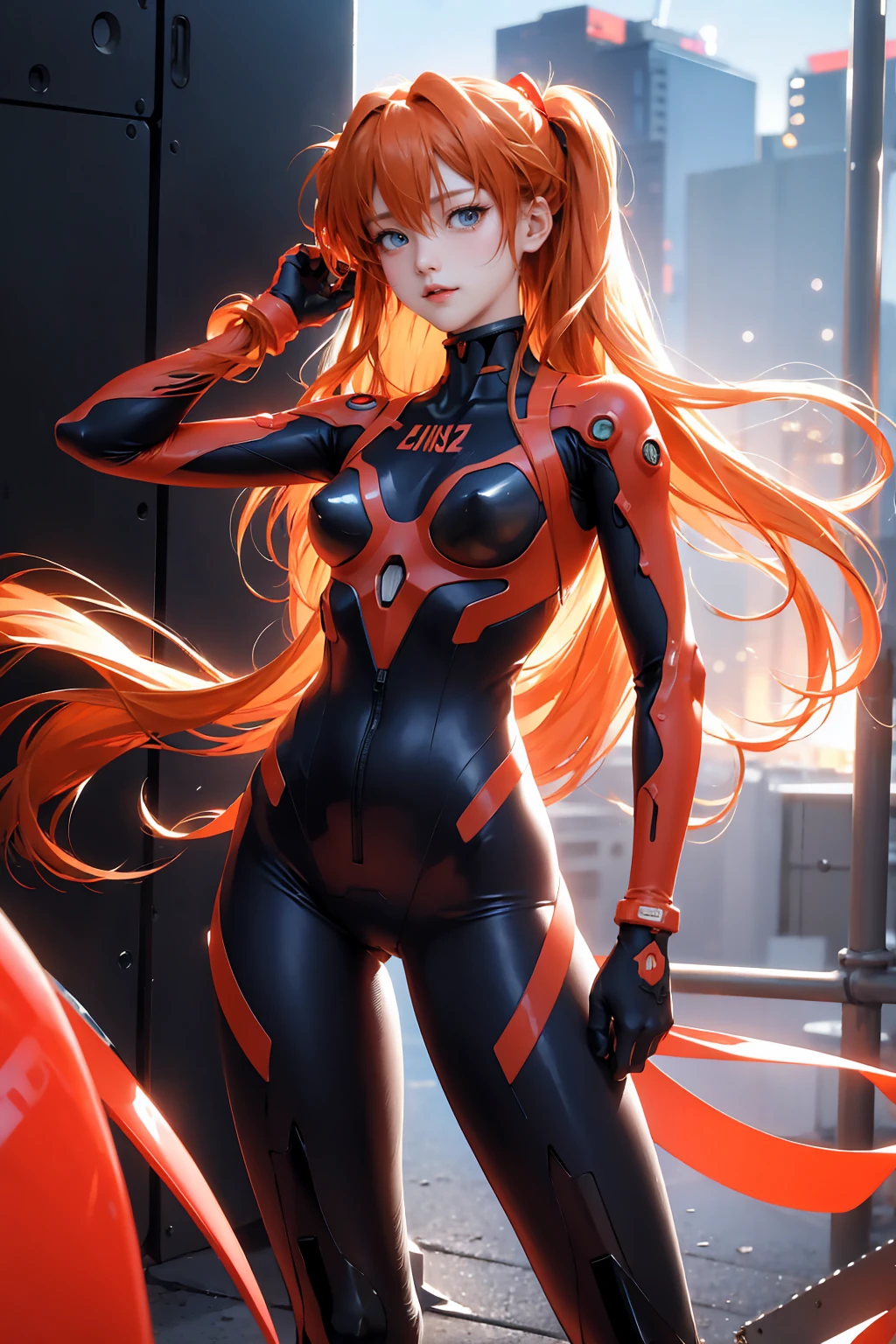 Super detailed、masterpiece、masterpiece，Top quality、Ultra-high resolution、8K、High level of image quality、1 Girl，Muneru Asuka Langley（Neon Genesis Evangelion），（Long orange hair：1.3，Double tail，Red hair band，blue eyes，Eye Reflection，Detailed depiction of face），（Full body combat suit（Neon Genesis Evangelion）：1.3，Medium limit，long legs，real action），（city theme，Beautiful background），Cowboy lens