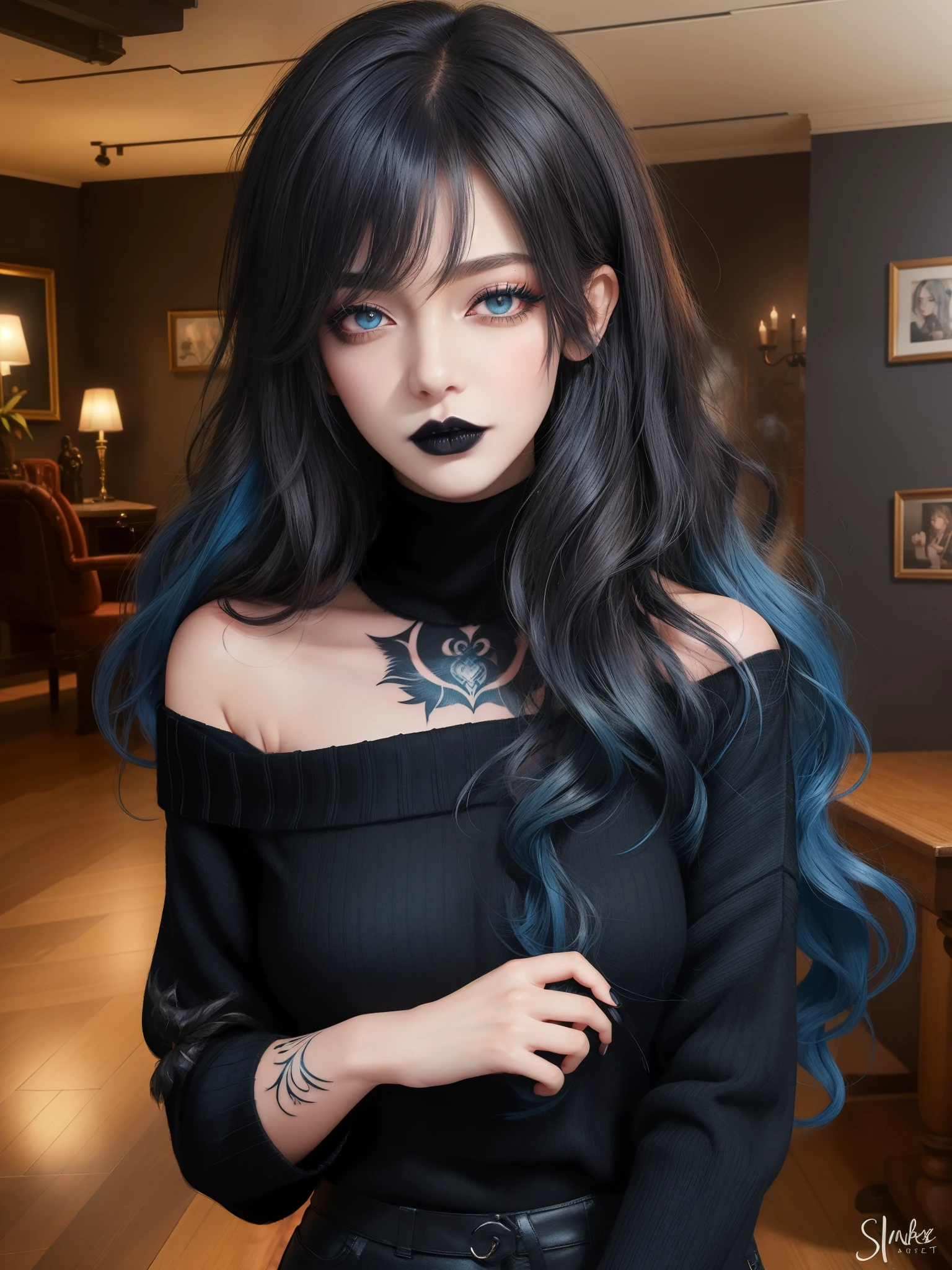 masterpiece, adult, gothic themed room, woman with black to blue ombre hair, goth, black lipsticks, tattoos, bangs, curly hair, eye shadow, smoky eyes, smokey eyes, black sweater, off the shoulder, very long hair