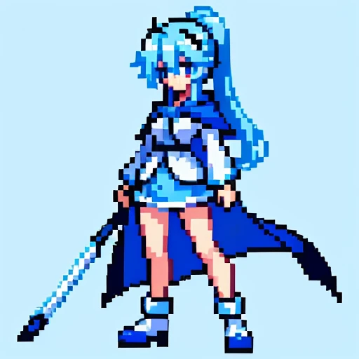 Pixel art, full body, facing left (important), bright blue and white, holding a large scythe in each hand, magical girl, long ponytail, ribbon, loose clothing, cloak. Hair color: soft, pale blue hair. Eye color: pink eyes. Outfit: clothing in white and blue tones. Wearing a blue cloak over a white shirt, and a blue miniskirt. Accessories: blue flower ornament in hair on right side. Weapon held: scythe decorated with blue and white ornaments.