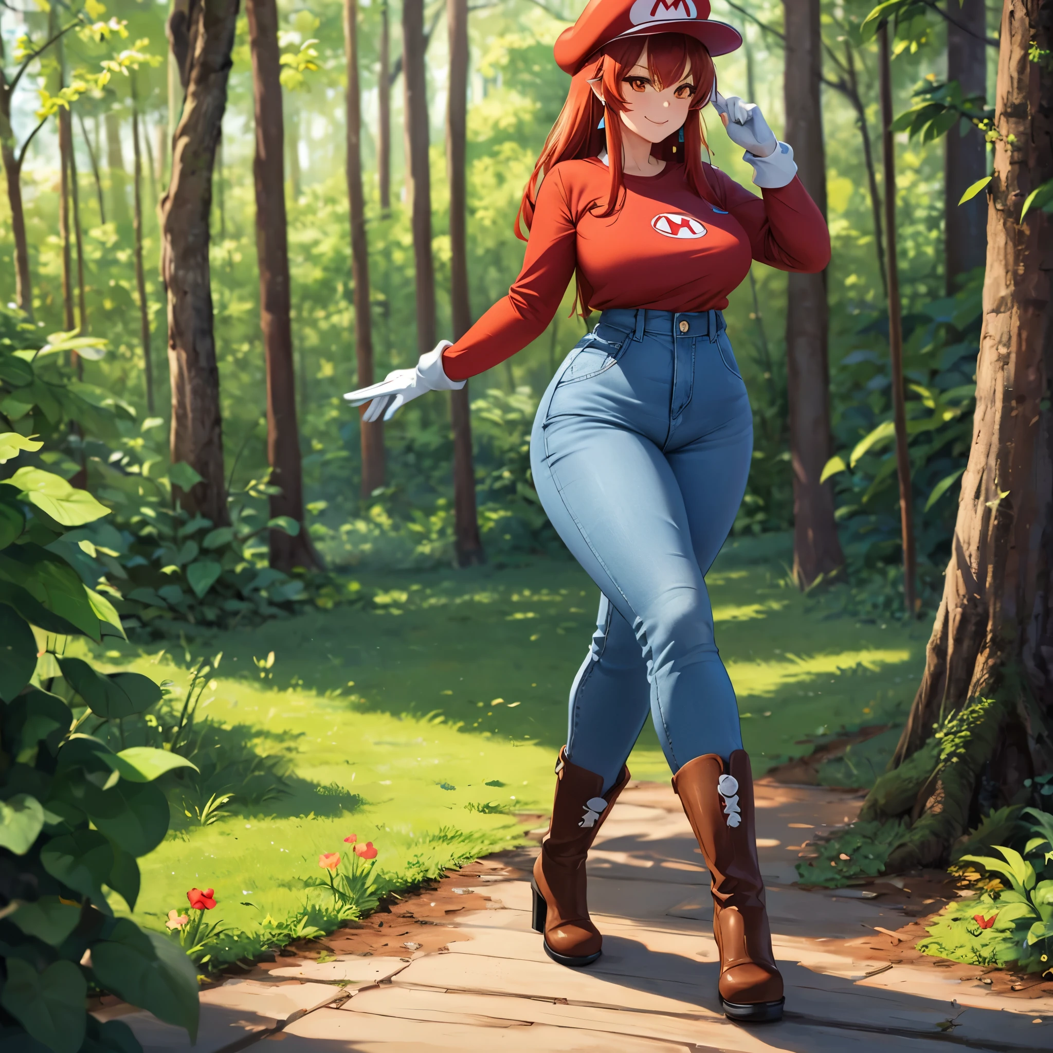 A woman wearing a red long-sleeved t-shirt, wearing a denim jumpsuit with long pants, brown boots, wearing a traditional Mario hat (Super Mario World), long red hair, white gloves, full body, orange eyes, smiling, walking in a walk through a forest with vivid colors.(solo woman), glow, drop shadow, flower, UHD, masterpiece, accurate, anatomically correct, textured skin, super detail, high quality, best quality, 8k, high resolution, bokeh effect.
