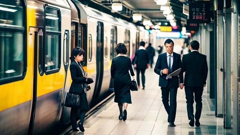 Crowded trains、Businessmen and career women walking busily、Urban streets。