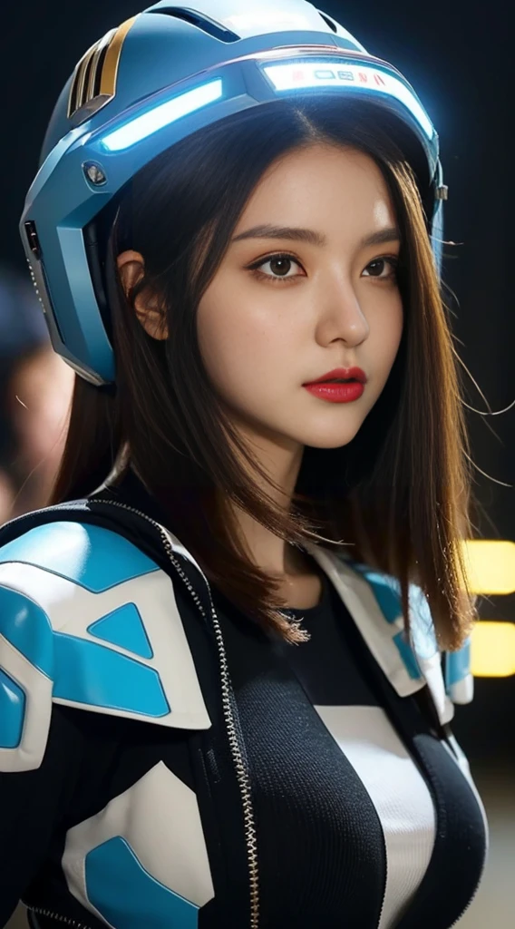 Highest image quality, Outstanding details, Ultra-high resolution, (realism: 1.4), Best example, Offer details, Highly concentrated 1girl, Beautiful face, huge ,Sexy in black and blue mecha, Wearing a mecha helmet, Handheld directional controller, Riding mechanized, The background is a high-tech lighting scene of a future city.