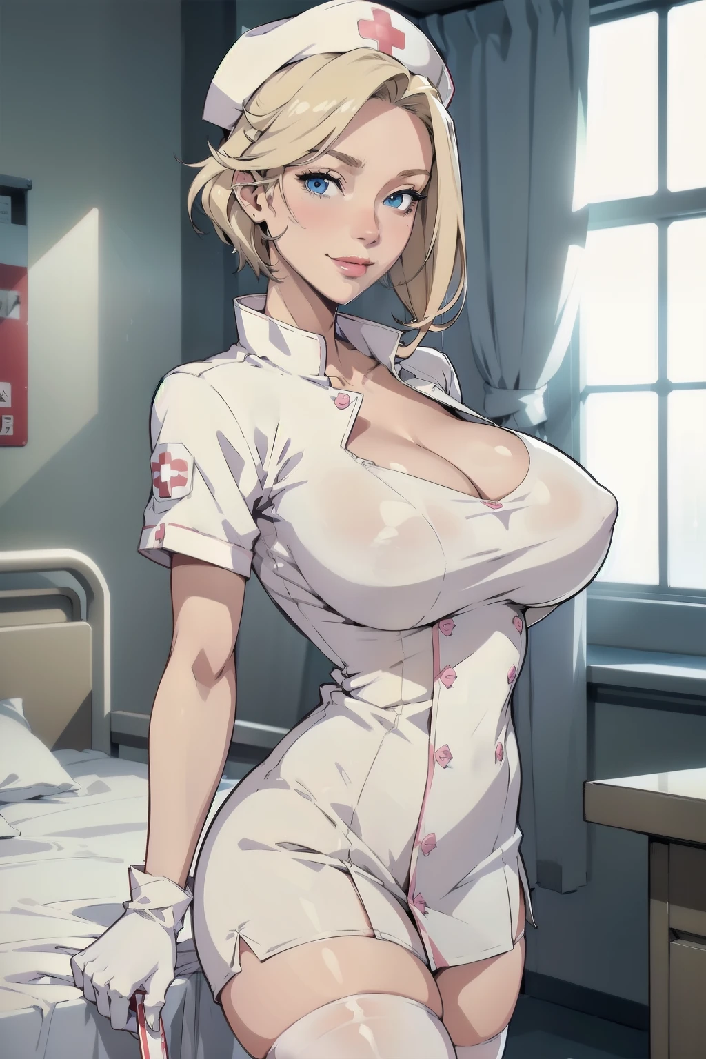 1woman, Nurse, nurse uniform, Nurse Cap, Whiteware, ((White legwear, zettai ryouiki)), White Gloves, Blonde hair, Blue eyes, pink lipsticks, Smile, Standing, sharp outline, Short sleeves, a mature female, 35 year old, Best Quality, masterpiece, infirmary, As chest shows, chest escaping, rain on face, sensuous pose, tit visible