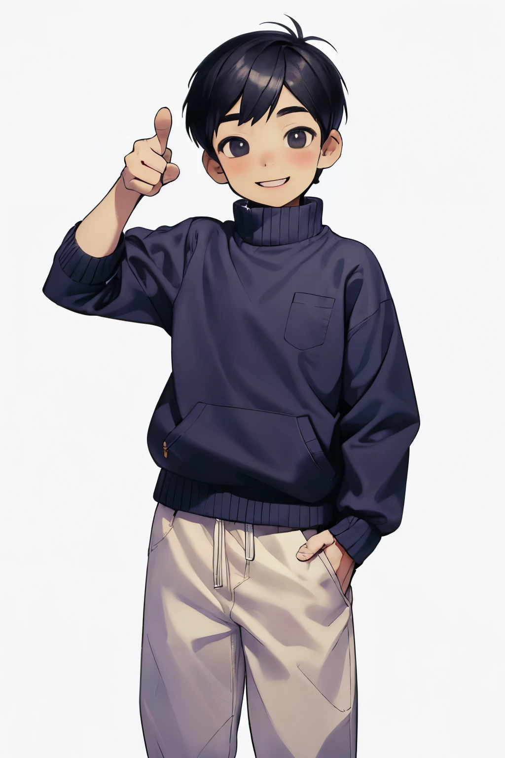 (masterpiece, best quality:1.2), White background, Solitary, Male focus, 1 boy,full-body shot, Omorisani, Natural smile, Facing the audience, One hand in the pocket,One hand thumbs up gesture,Light-colored sports sweatshirt, Indigo pants
