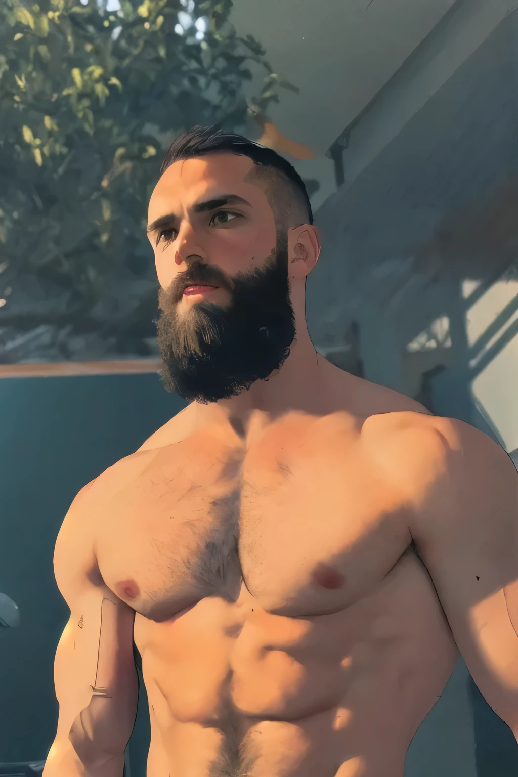 mid_shot, attractive bearded man, defined muscles, farm, ((orange black green)), (distracted), (atmosphere), coherent, continuity, epic, sharp lines, short hair,high contrast, hairy chest, sexy, brasilian, bulge, 3 colors, gold