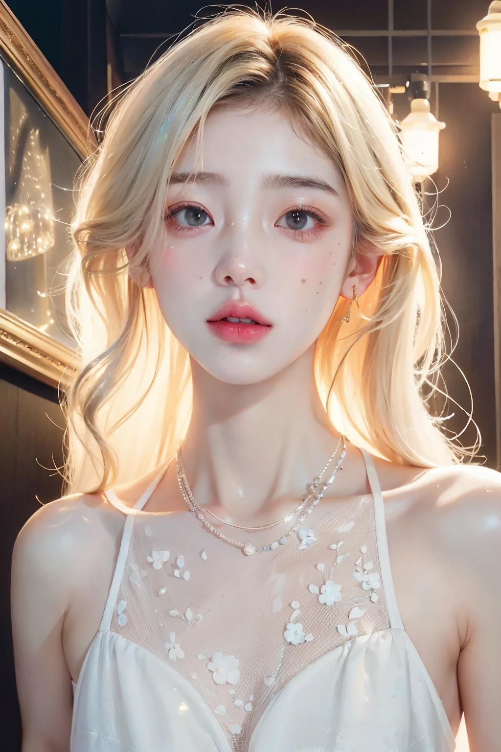 As model, 1 woman, SFW,  Beautiful woman with blonde hair in the arcade, (whole body:1.7), AS-Adult, detailed skin, ultra realistic 8k cg, 그림처럼 Perfect 얼굴, Perfect, Clean, masterpiece, 전문적인 illustration, famous work of art, movie lights, Cinematic flowers,  best quality, masterpiece, illustration, (realistic, photo-realistic:1.37), amazing, in detail, incredibly absurd, huge file size, very detailed, mackerel, very detailed CG Unity 8k 벽지, ray tracing. The background of the image is blurry., depth of field and extremely photorealistic quality., (Milky skin, glowing skin:1.5). 