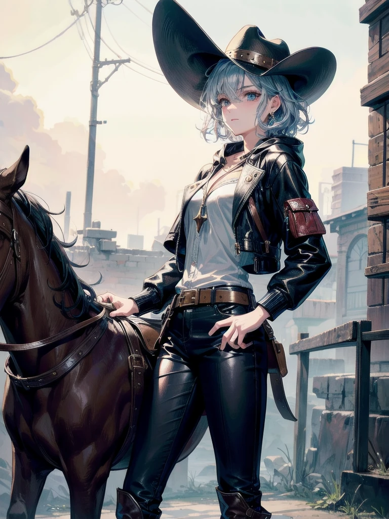 cool cowgirl, fantasy adventurer, cowboy hat, decorated hooded armor jacket, cross belt, Brown leather pants, Red leather long boots, absurdres, RAW photo, extremely delicate and beautiful, masterpiece, Best Quality, ultra high resolution, 32k, hyperrealistic, ultra-detailed, detailed description, pale skin, 20 years old, tearful mole, earring, short medium hair, wavy hair, whole body shot,