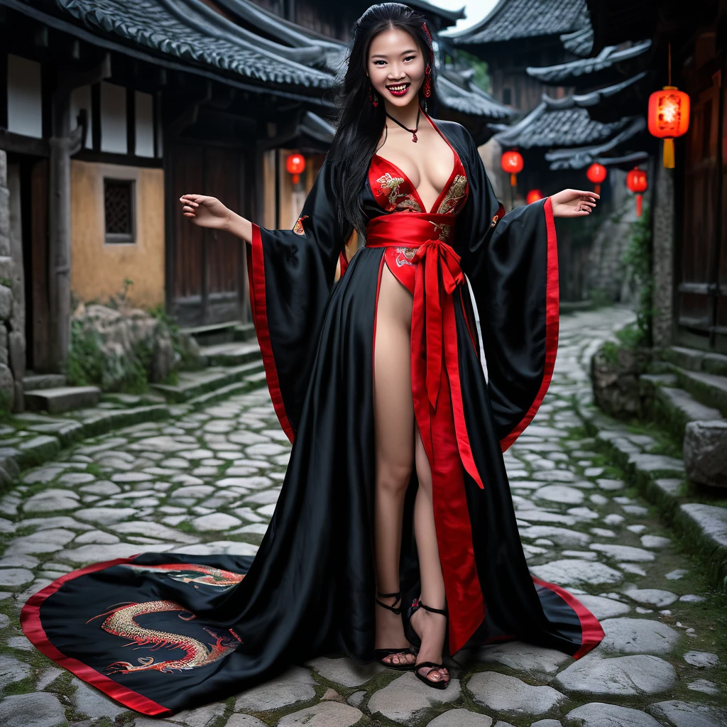 A witchy Asian spirit, Malaysian woman, age 25, ankle length hair, corrupt billowing silken robes (intricate evil embroidery, dragon motif) with blood red trim (very sexy and revealing but still enough is covered to be SFW) , glowing eyes, and a unholy aura, she is laughing cruelly, she floats above a corrupt magic circle in a medieval European village, black serpentine Asian drakes slither around the edges of the scene(almost out of sight, almost out of reach). (best quality, 4k, highres, masterpiece:1.2), ultra-detailed, (realistic, photorealistic, photo-realistic:1.37), HDR, UHD, studio lighting, ultra-fine painting, sharp focus, physically-based rendering, extreme detail description, professional, vivid colors, bokeh, portraits, landscape, horror, anime, sci-fi, photography, concept artists, vibrant colors, soft lighting. Set in a medieval European village
