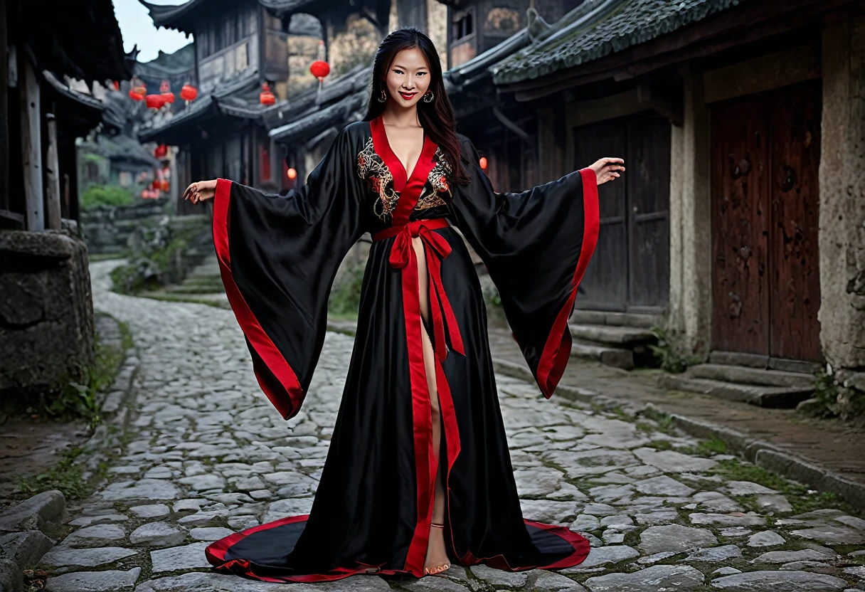 A witchy Asian spirit, Malaysian woman, age 25, ankle length hair, corrupt billowing silken robes (intricate evil embroidery, dragon motif) with blood red trim (very sexy and revealing but still enough is covered to be SFW) , glowing eyes, and a unholy aura, she is laughing cruelly, she floats above a corrupt magic circle in a medieval European village, black serpentine Asian drakes slither around the edges of the scene(almost out of sight, almost out of reach). (best quality, 4k, highres, masterpiece:1.2), ultra-detailed, (realistic, photorealistic, photo-realistic:1.37), HDR, UHD, studio lighting, ultra-fine painting, sharp focus, physically-based rendering, extreme detail description, professional, vivid colors, bokeh, portraits, landscape, horror, anime, sci-fi, photography, concept artists, vibrant colors, soft lighting. Set in a medieval European village