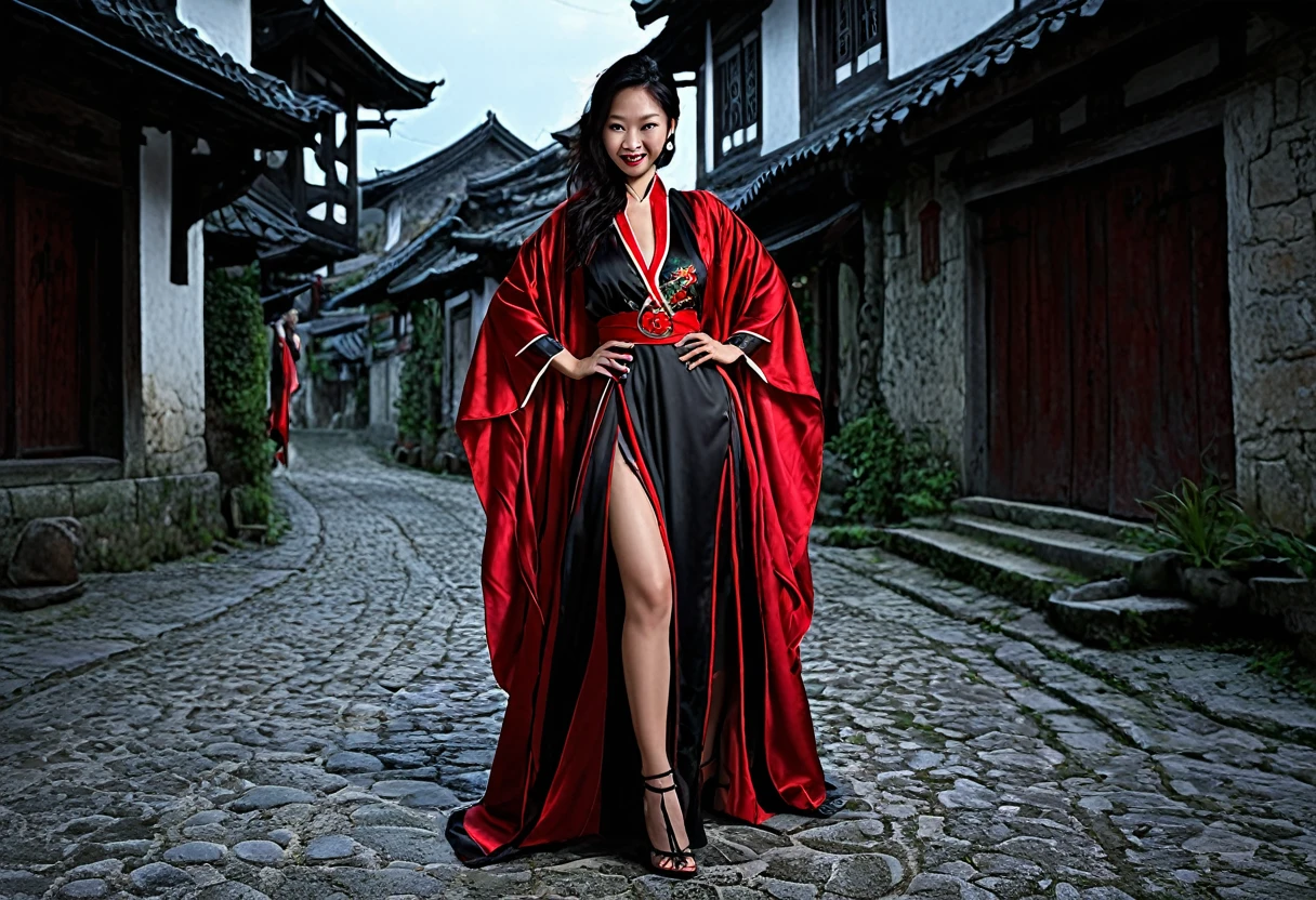A witchy Asian spirit, Malaysian woman, age 25, ankle length hair, corrupt billowing silken robes (intricate evil embroidery, dragon motif) with blood red trim (very sexy and revealing but still enough is covered to be SFW) , glowing eyes, and a unholy aura, she is laughing cruelly, she floats above a corrupt magic circle in a medieval European village, black serpentine Asian drakes slither around the edges of the scene(almost out of sight, almost out of reach). (best quality, 4k, highres, masterpiece:1.2), ultra-detailed, (realistic, photorealistic, photo-realistic:1.37), HDR, UHD, studio lighting, ultra-fine painting, sharp focus, physically-based rendering, extreme detail description, professional, vivid colors, bokeh, portraits, landscape, horror, anime, sci-fi, photography, concept artists, vibrant colors, soft lighting. Set in a medieval European village