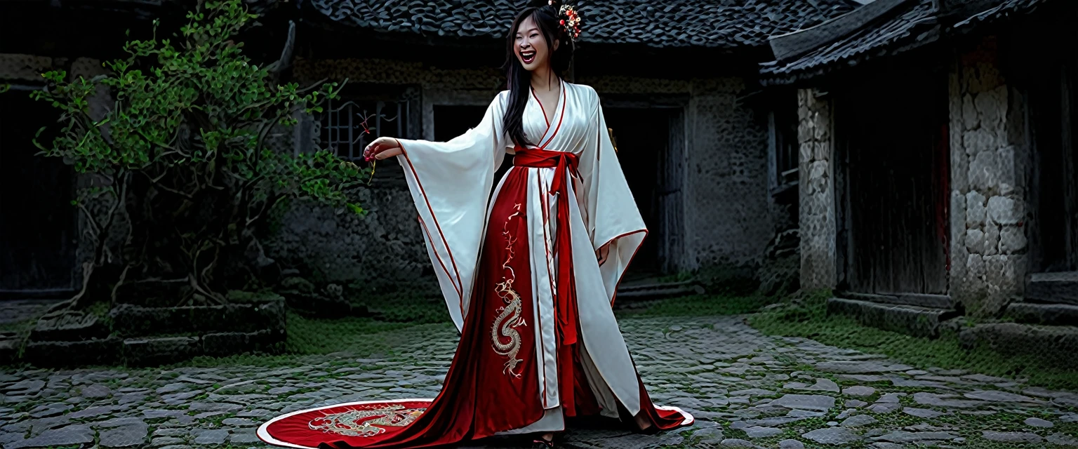 A witchy Asian spirit, Malaysian woman, age 25, ankle length hair, corrupt billowing silken robes (intricate evil embroidery, dragon motif) with blood red trim (very sexy and revealing but still enough is covered to be SFW) , glowing eyes, and a unholy aura, she is laughing cruelly, she floats above a corrupt magic circle in a medieval European village, black serpentine Asian drakes slither around the edges of the scene(almost out of sight, almost out of reach). (best quality, 4k, highres, masterpiece:1.2), ultra-detailed, (realistic, photorealistic, photo-realistic:1.37), HDR, UHD, studio lighting, ultra-fine painting, sharp focus, physically-based rendering, extreme detail description, professional, vivid colors, bokeh, portraits, landscape, horror, anime, sci-fi, photography, concept artists, vibrant colors, soft lighting. Set in a medieval European village