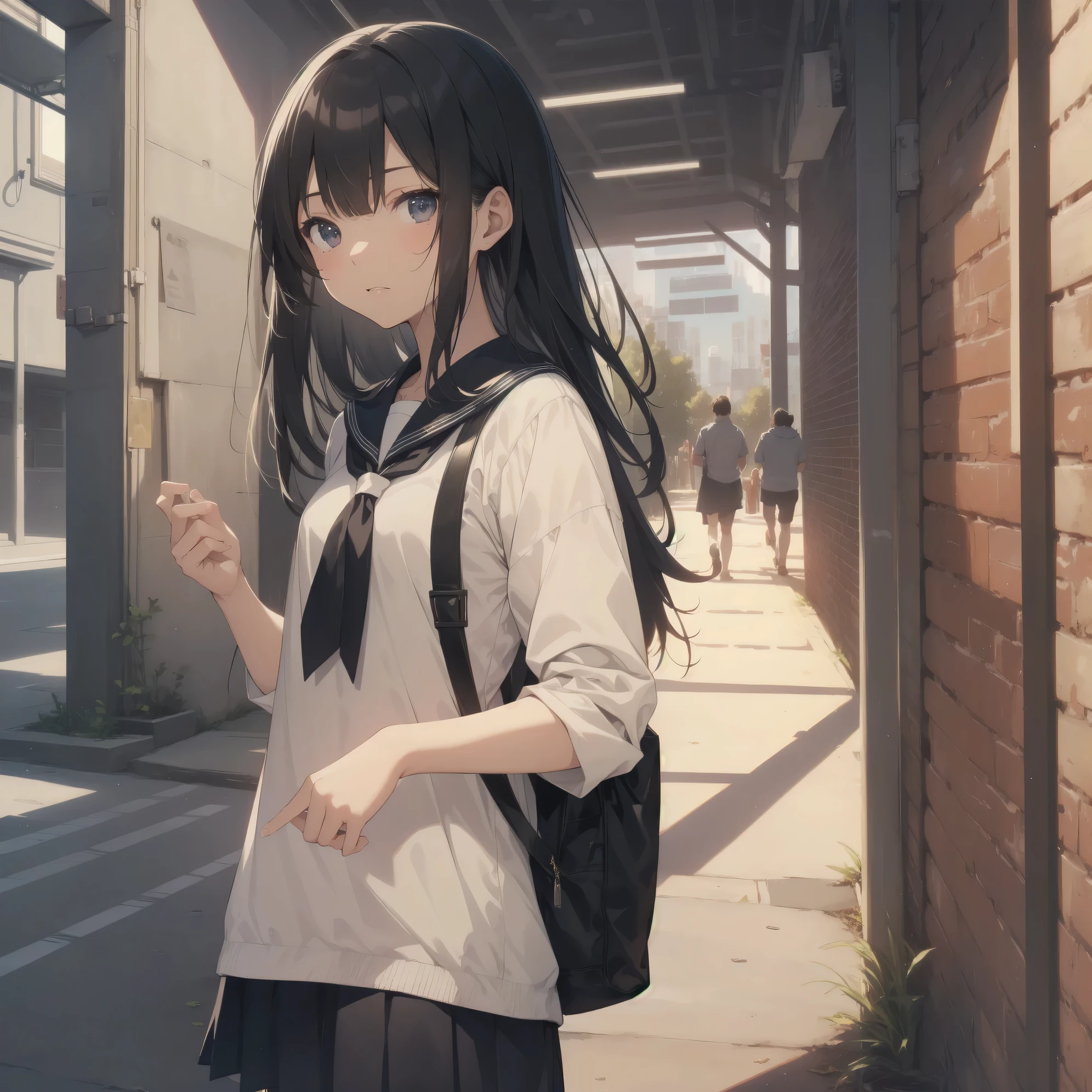 ultra-absurdres-Top quality by artist God, ultra-detailed, high resolution, anime moe artstyle, best anime 8k konachan wallpaper, pixiv contest winner, pool:2810, perfect anatomy,break, 1girl, (Please draw a girl walking sleepily to school alone. )break,(Solo,little female, 13-year-old:1.3),Full limbs, complete fingers,a junior high school student, (very short hair), short cut, flat chest, , small butt, small black eyes, beautiful detailed eyes, well-proportioned iris and pupils, expressive eyes, highres detailed hair, soft expression, salor school_uniform, sailor collar, serahuku, bow, pleated skirt,(Detailed Lighting), (Detailed background), in the School commute route. break,super detailed skin, Best cinematic lighting powered by famous artist, 8k,beauty illustration,photoshop_(medium),very aesthetic,break,((artist:iesupa )), artist:clamp ,artist:carnelian ,artist:kantoku ,