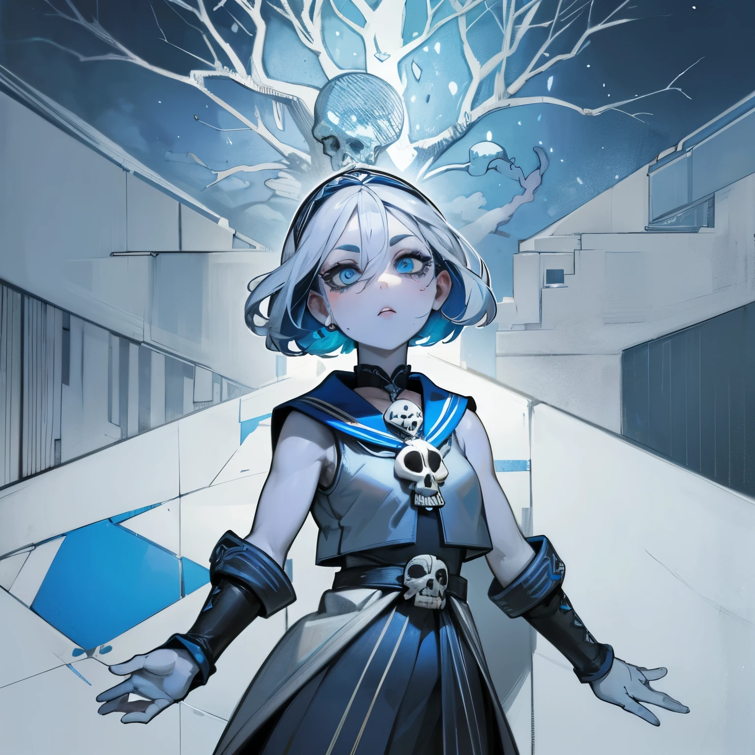 ((best quality)), ((official art)), ((masterpiece)), textile shading, ((ultra-detailed)), solo, full color, (1girl, solo, bssmsuperoutfit, circlet, white leotard,,blue sailor collar, sleeveless, heart brooch, miniskirt, white gloves, hairstyle, hairlength , detailed face, (full body:1.1)), (in nature) (best quality, highres, ice skull:1.1), ice skull, girl style, thick body art, detailed facial features, icy blue eyes, glossy lips, long eyelashes, porcelain skin, blue and silver color scheme, intricate skull design, realistic texture, vibrant colors, elaborate background, mysterious atmosphere, frozen garden, snow-covered trees, sparkling ice crystals, surreal lighting, fantasy elements