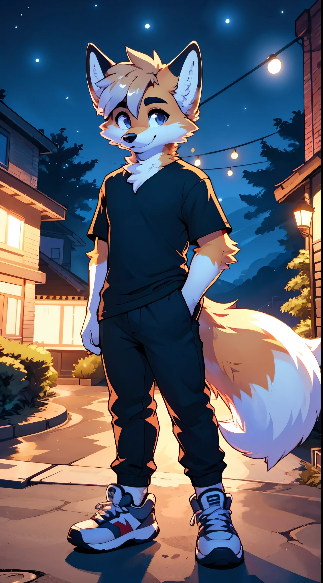 a full body, anthropomorphic brown fox kid wearing a t-shirt, pants, sneakers, fox face, cute face, glossy fur, big fluffy neckfur, posing for a picture in a hill at night with a city in the distance