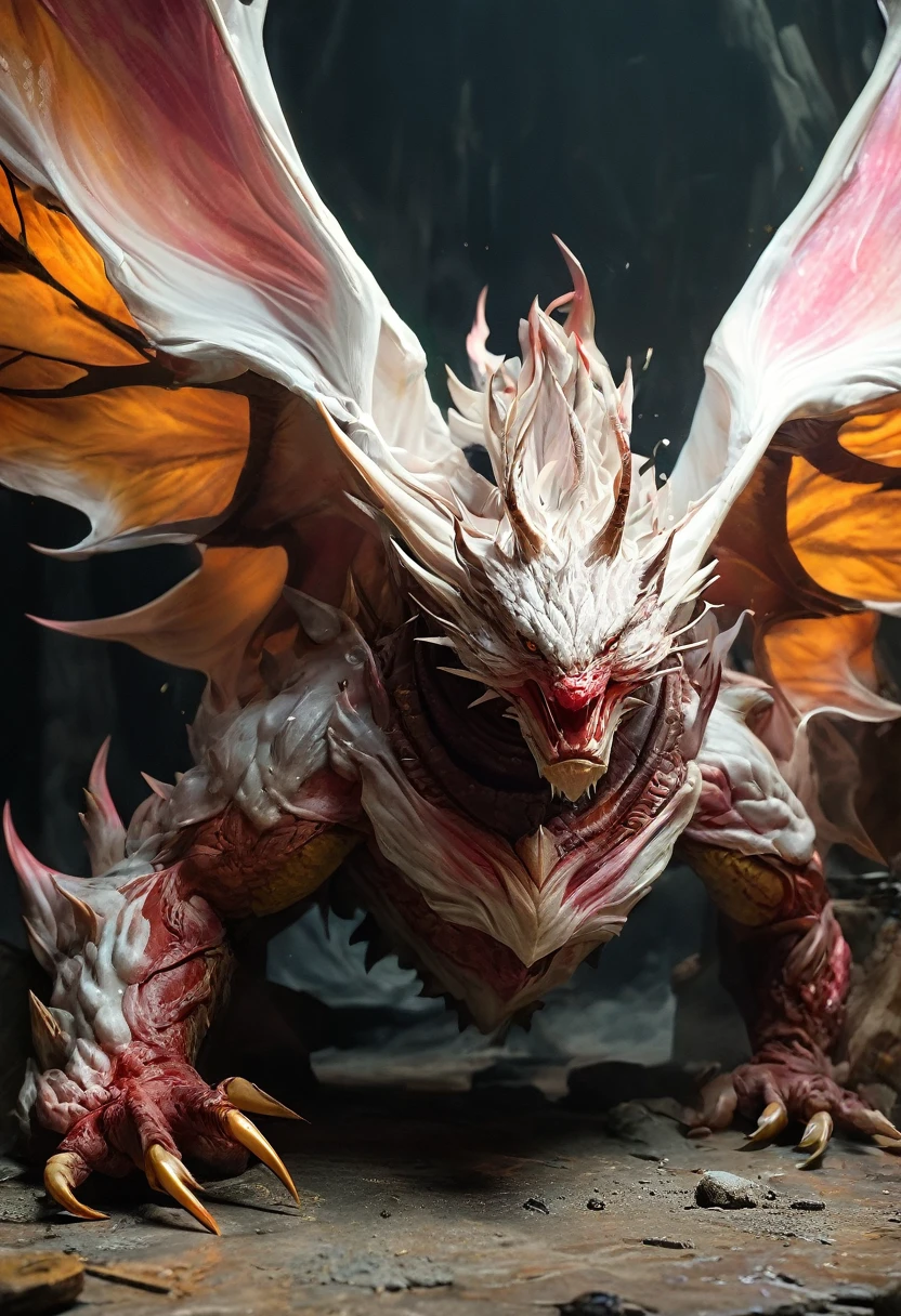 (highest quality,4K,8k,High resolution,masterpiece:1.2), Super detailed, (Realistic,photoRealistic,photo-Realistic:1.37), white creature, Otherworldly, Lovecraft, Chitinous Skin, Bioluminescence Pattern, Dark color palette, Spooky lighting.(Browsing Caution:1.4), white, pink, orange, Very long and sharp red claws, Big Claws, Her body is bioluminescent. Moisturized Skin, (Extremely detailed and intricate skin patterns:1.2), (Translucent chitinous exoskeleton:1.3), (Very small waist:1.4), (Destroyed Anatomy:1.5), violent, erotic
