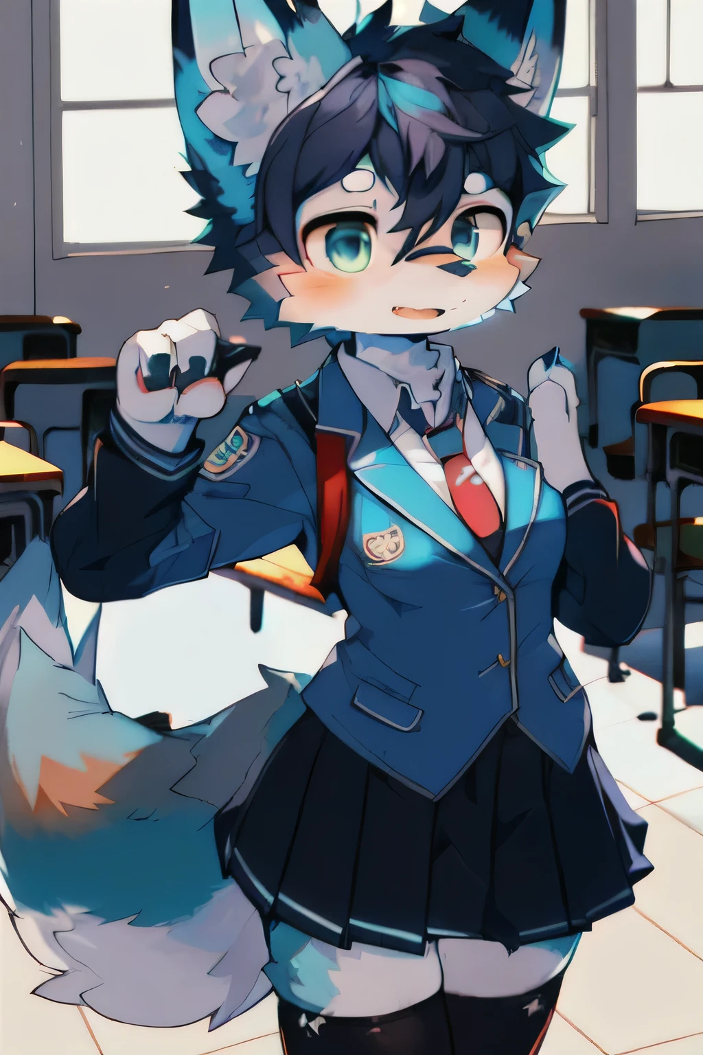 Blue fur, canine, fox motif, girl, uniform, school