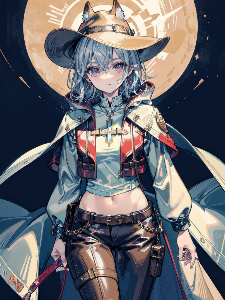 cool cowgirl, fantasy adventurer, cowboy hat, decorated hooded armor jacket, cross belt, Brown leather pants, Red leather long boots, absurdres, RAW photo, extremely delicate and beautiful, masterpiece, Best Quality, ultra high resolution, 32k, hyperrealistic, ultra-detailed, detailed description, pale skin, 20 years old, tearful mole, earring, short medium hair, wavy hair, whole body shot,