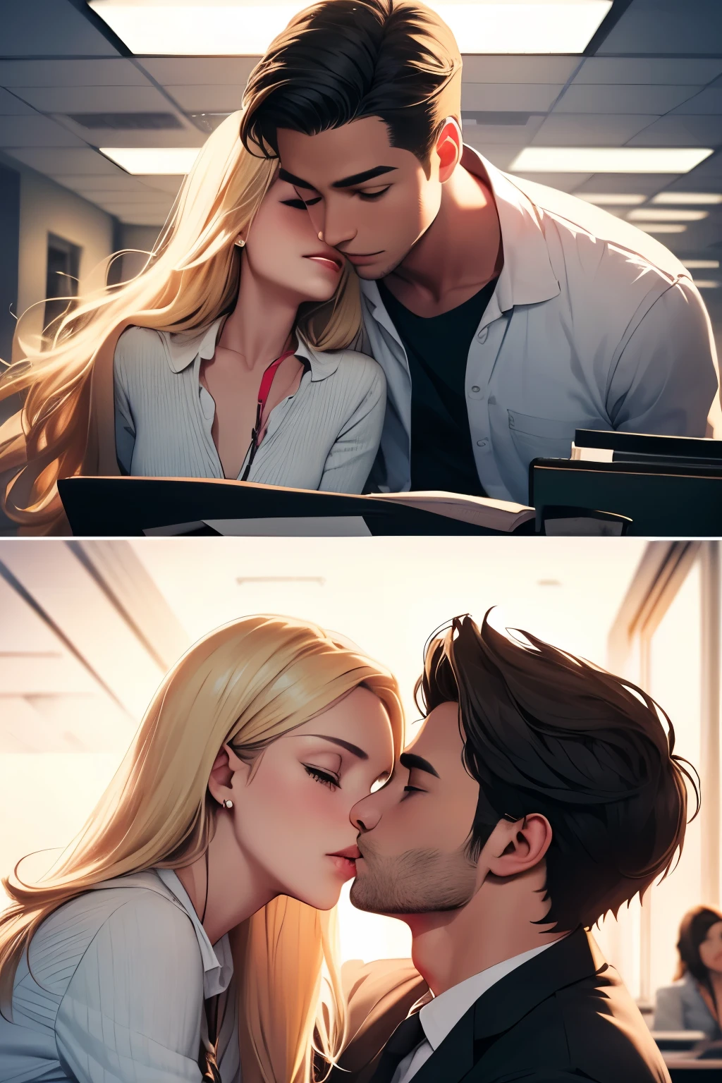 couple, blonde girl, black hair guy, kissing, office, love, passionate, desk