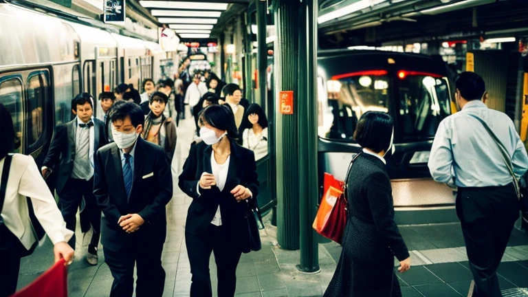 Rush hour and urban vibrancy Crowded trains、Businessmen and career women walking busily、Urban streets。Vibrancy and tension、I feel a little impatient