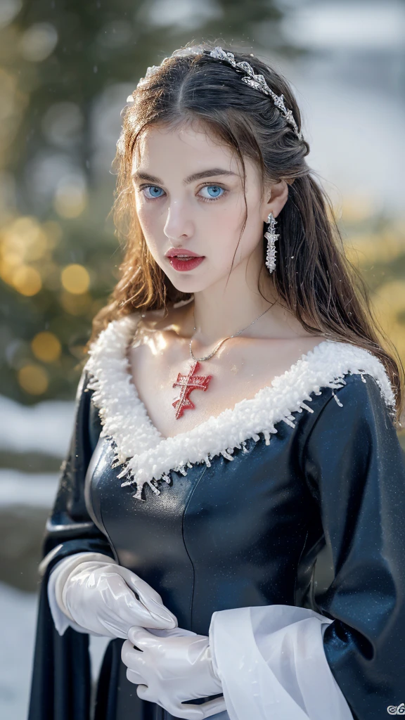 1 miniature Beautiful beautiful woman - Yuan Sayuki, ((top quality, 8K, Masterpiece:1.retty woman, 1 woman, huge breasts:1.3, a slim body:1.1, lush GINGER long hair with 2 buns, (shower, wet body, wet clothes:1.1), very detailed face, detailed lips, detailed eyes, double eyelids, Detailed blue eyes, чрезвычайно Detailed Outstanding Blue Eyes, long GINGER wet hair, GINGER wet hair, Detailed Outstanding Blue Eyes, innocent look at the viewer, very wet wavy white hair, Detailed Outstanding Blue Eyes, huge cross earrings, Outdoors, badges behind, gothic maid uniform, sexy maid dress, bare chest, huge chest tattoo, detailed huge catholic cross earrings, chest tattoo, Outside, wear a silver cross (Detailed cross shape), reality mode, wet breasts, black necklace, human crowd behind, black latex gloves, hair of white snowy colour, night time, red neon lights, demonic nun, nimbus (golden lighting ring above her head), angel, snowy weather, sexy pose, white lingerie, black maid dress, detailed flower wreath made of different colours, open chest (tattoo on her chest)