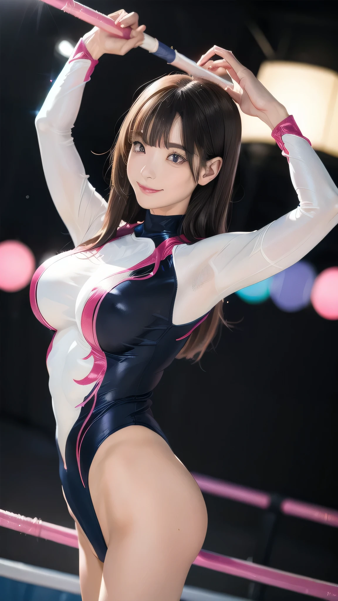 woman:1 person, ((Highly detailed skin), Beautiful realistic face, White skin, Pointed Chest, Erect nipples, Perfect Anatomy, Realistic eyes, Very beautiful eyes, Brown Eyes, Accurate eye focus, Accurate limbs), (Hyper Realist, Ultra-realistic, 4k, Attention to detail, Ultra-high resolution, highest quality, masterpiece, Presence, dynamic, bold, Sharpness), (Thinning hair:2), (Soft Hair:2), (Straight hair:1.5), Long, slicked bangs, Very light coppery amber hair, Hair on one eye, Twin tail hair, (Female gymnast, Detailed costume, Wearing a long sleeve leotard:1.5), Shiny long sleeve leotard, Gold long sleeve leotard, SilverLong Sleeve Leotard, Metallic colors long sleeve leotard, Racing long sleeve leotard, Gymnastics Long Sleeve Leotard, High leg long sleeve leotard, Long sleeve leotard with crystals, ({Pink| Gold| silver| Wine Red| Navy| Purple color| Metallic colors|}Long sleeve leotard colors), Big Breasts:1.2, Tall, Long, slender limbs, The long-sleeved leotard is digging into her butt, Photograph the whole body from head to toe, Photograph the entire body while standing, barefoot, Looking into the camera, smile, (Gymnastics Venue:1.3), Nikon, Canon,