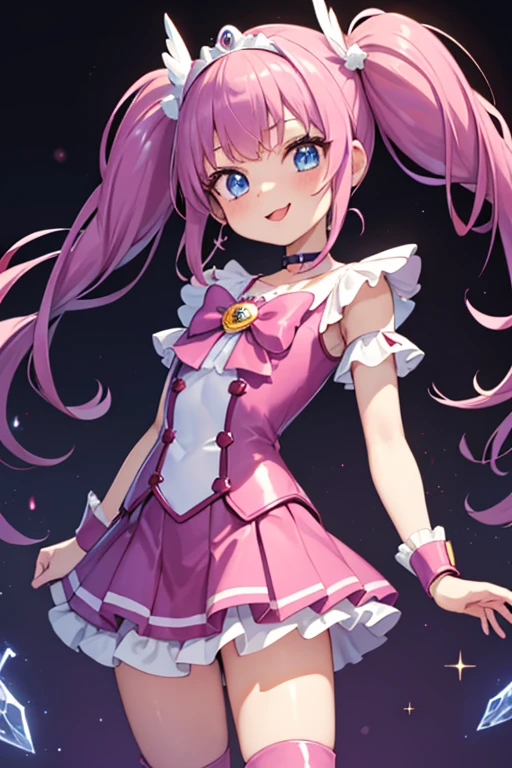 (masterpiece), highest quality, High resolution, Very detailed, Detailed Background, Cinema Lighting, Super detailed, anime, One Girl,blue eyes, alone, Cure happiness, Taunt,Straight Hair,Silver Hair(Twin tails), Feather hair ornament,tiara, Latex sailor suit,Small clothes,Wrist cuff,Pink latex mini skirt, Pink latex long boots, Smile, (Shiny fabric), Cowboy Shot, Pink Gemstones, Are standing, blush, (Beautiful fine details), Bewitching atmosphere,Very detailedな顔, Perfect lighting, Very detailedなCG, (Perfect hands, Perfect Anatomy), Shiny material, Pink ribbon, jewelry, Latex gloss, Dynamic pose,Sticking out tongue