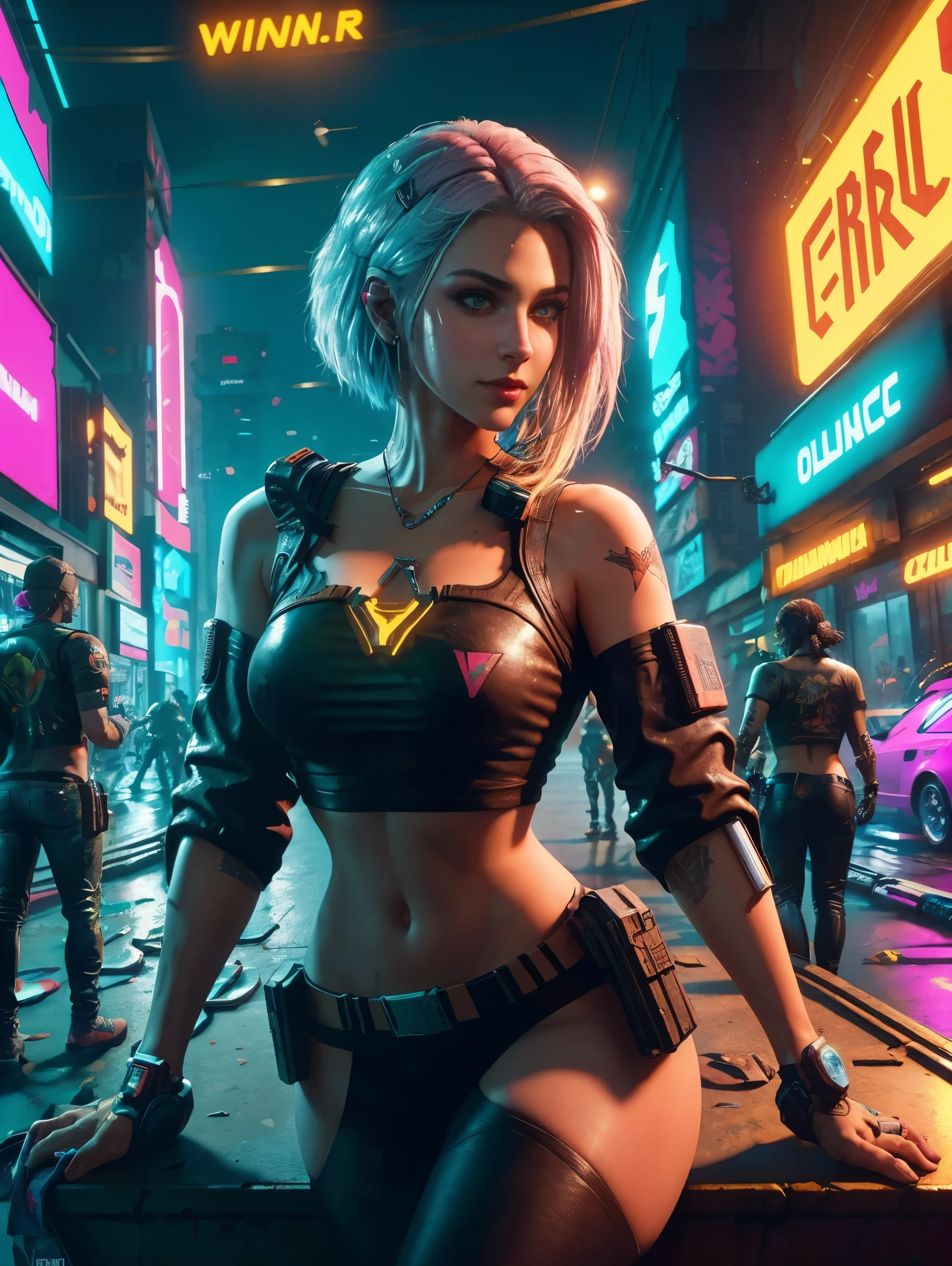 Blonde woman in futuristic outfit poses in front of neon lights, dreamy cyberpunk girl, cyberpunk with neon lighting, bright cyberpunk glow, cyber punk style, cyberpunk photo, in cyberpunk aesthetic, cyberpunk lighting, cyberpunk bodysuit, Cybernetics glows, white cyborg fashion shot, cyberpunk atmosphere, in a cyberpunk setting, muted cyberpunk style, cables on her body
