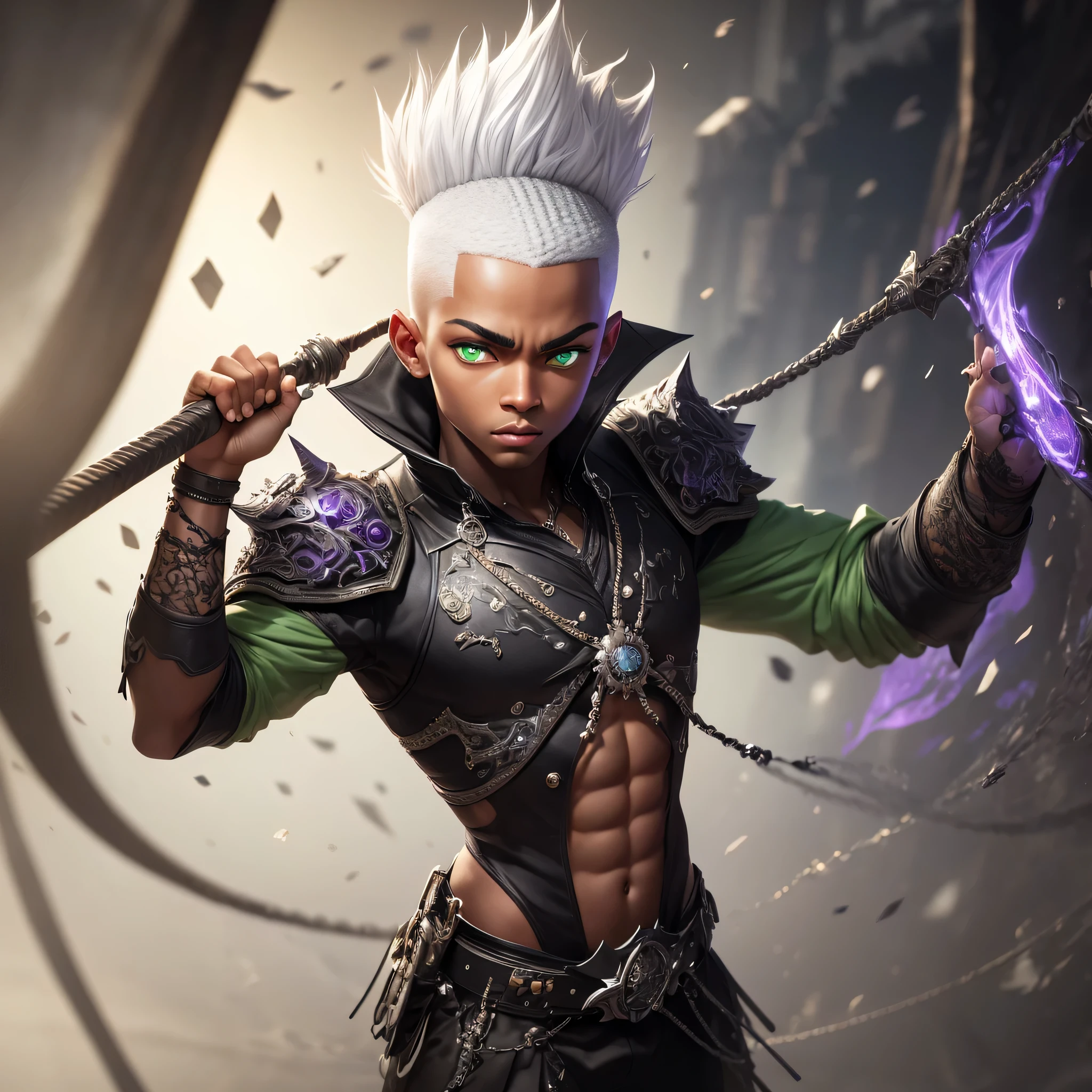 A cute black boy with a white mohawk and green eyes and big lips and green color wearinng black and purple clothes and big eyes, hyper details, 4k, hyper detailed, sharp focus, studio photo, gray scale, white hair. uhd, 4k, standing, (lots of fine details), artgerm, greg rutkowski, artstation, pinterest, highly detailed, insanely realistic, ornate, epic realistic, uhd, 4k, award winning photograph, standing, concept art, cinematic lighting, hyper realistic, focused, extreme details, dark setting, ultra detailed, highest detail quality, overcast reflection mapping, ultraphotorealistic, movie quality, vfx post production, dramatic shadows, rim light, High detail RAW color art,