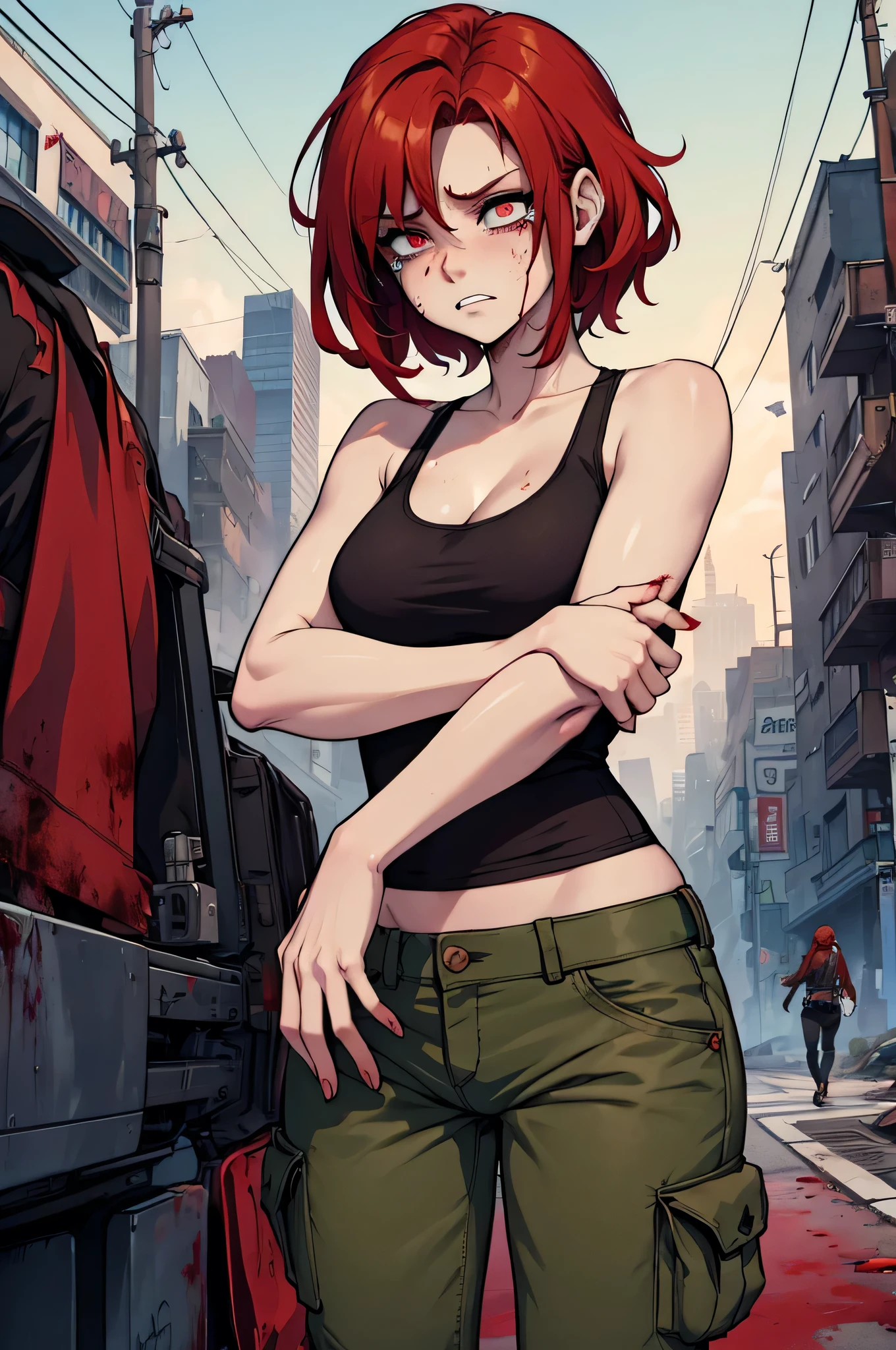female full zombie. red hair, pale skin, vivid, ripped clothes, tank top, no jacket, tears, night background city, blood, thick thigh, cargo pants, tripping over, puzzled face