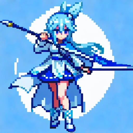 Pixel art, full body, facing left (important), bright blue and white, holding a large scythe in each hand, magical girl, long ponytail, ribbon, loose clothing, cloak. Hair color: soft, pale blue hair. Eye color: pink eyes. Outfit: clothing in white and blue tones. Wearing a blue cloak over a white shirt, and a blue miniskirt. Accessories: blue flower ornament in hair on right side. Weapon held: scythe decorated with blue and white ornaments.