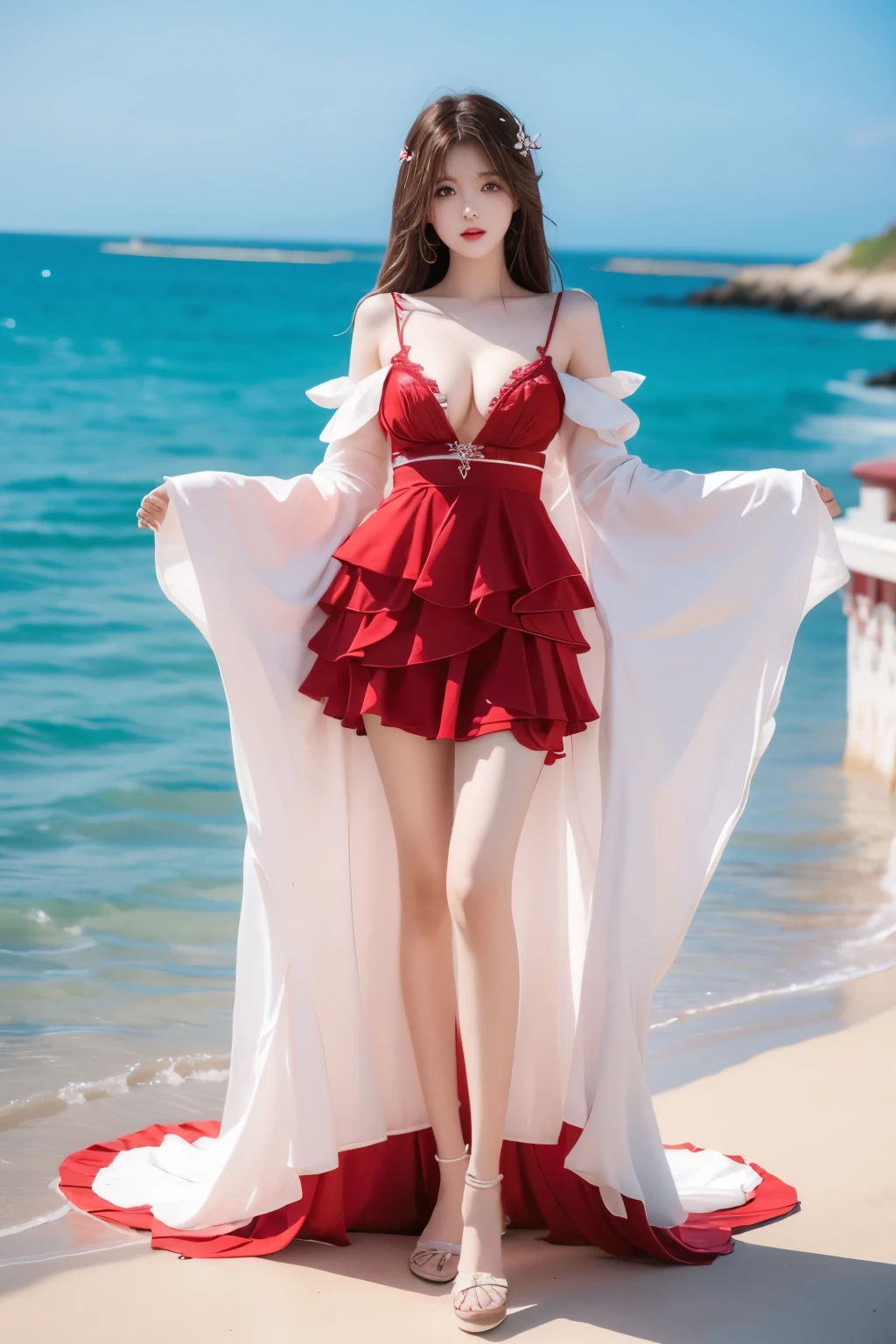 Beautiful woman with perfect body：1.4，Layered Hairstyle，Prominent cleavage，Highly detailed face and skin textures，Double eyelids，Skin Whitening，Long hair，Whitened long legs，（Red Dress）Standing by the sea