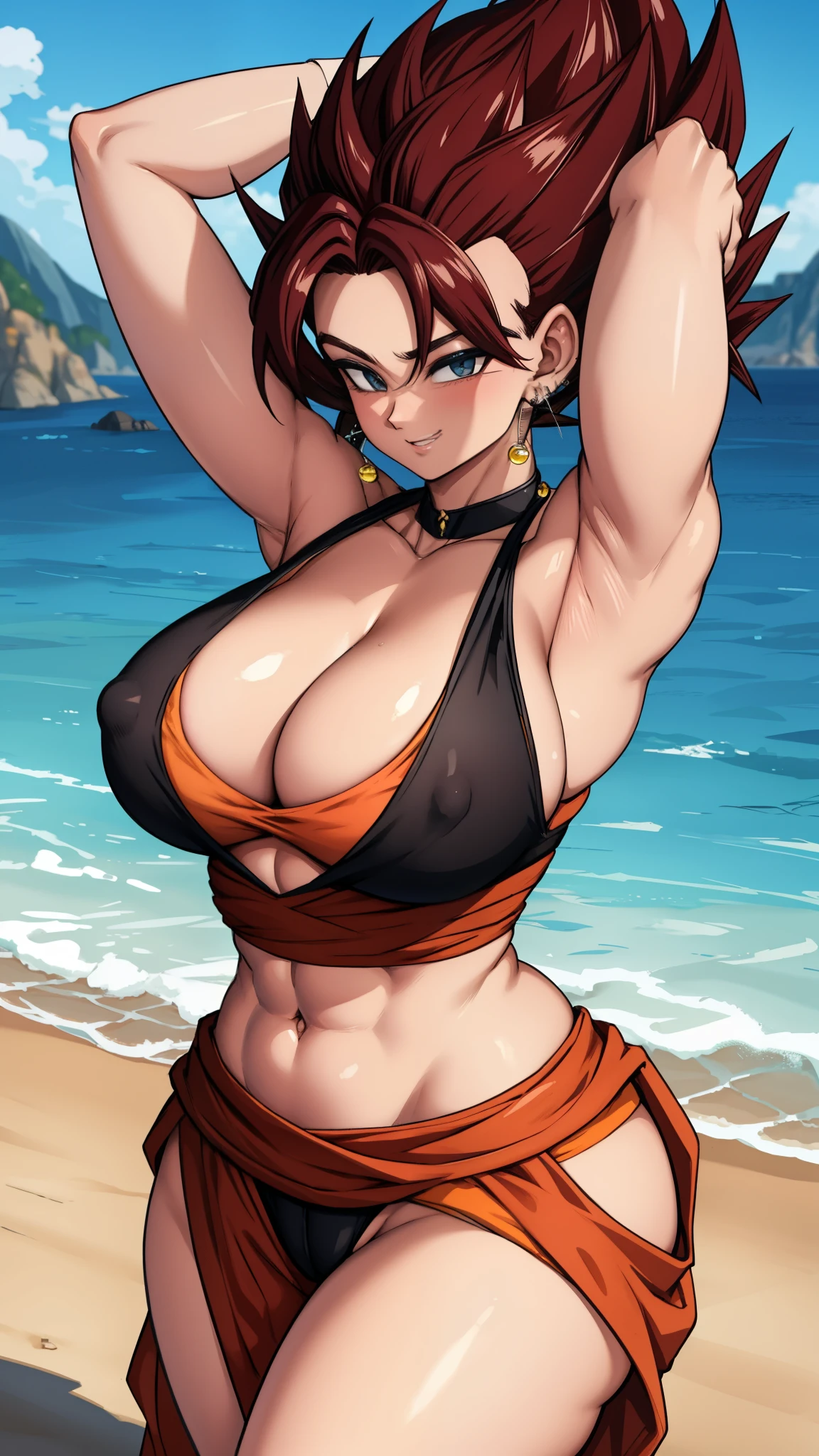 [NSFW) RAW photo, (high detailed skin, detailed eyes:1.1), intricate details, best quality, 8k uhd, soft lighting, Vegetto, breasts, (female:1.2), 1girl, earrings, jewelry, white gloves, spiked hair, dougi, smile, dark brown hair, black eyes, saiyan, large breasts, yellow potara earrings, large breasts, wide hips, curvy, thin waist, red collar, solo girl, armpits, arms up, large breasts, wide hips, curvy, thin waist, nipple covered, black arm sleeves, abs, muscular female, 6 pack, muscles, beach background, sexy