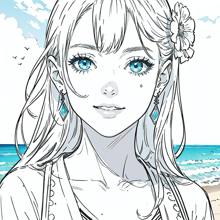 masterpiece, best quality, perfect face, A beautiful smile, Girl on the Beach, Close-up linear art, cool summer fashion, high fashion, jewely, sketch